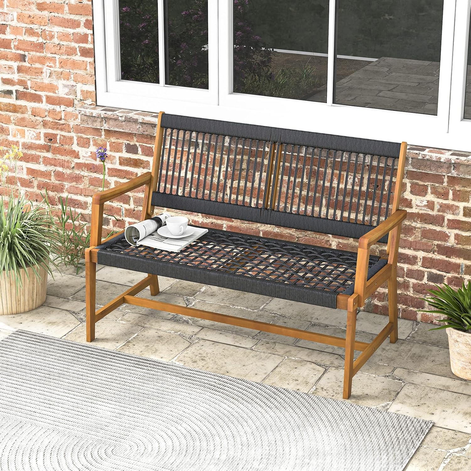 Tangkula Outdoor Acacia Wood Bench, All-Weather Rope Woven Garden Bench with Backrest and Armrests, 2-Person Patio Bench for Porch, Backyard, 705 Lbs Max Load