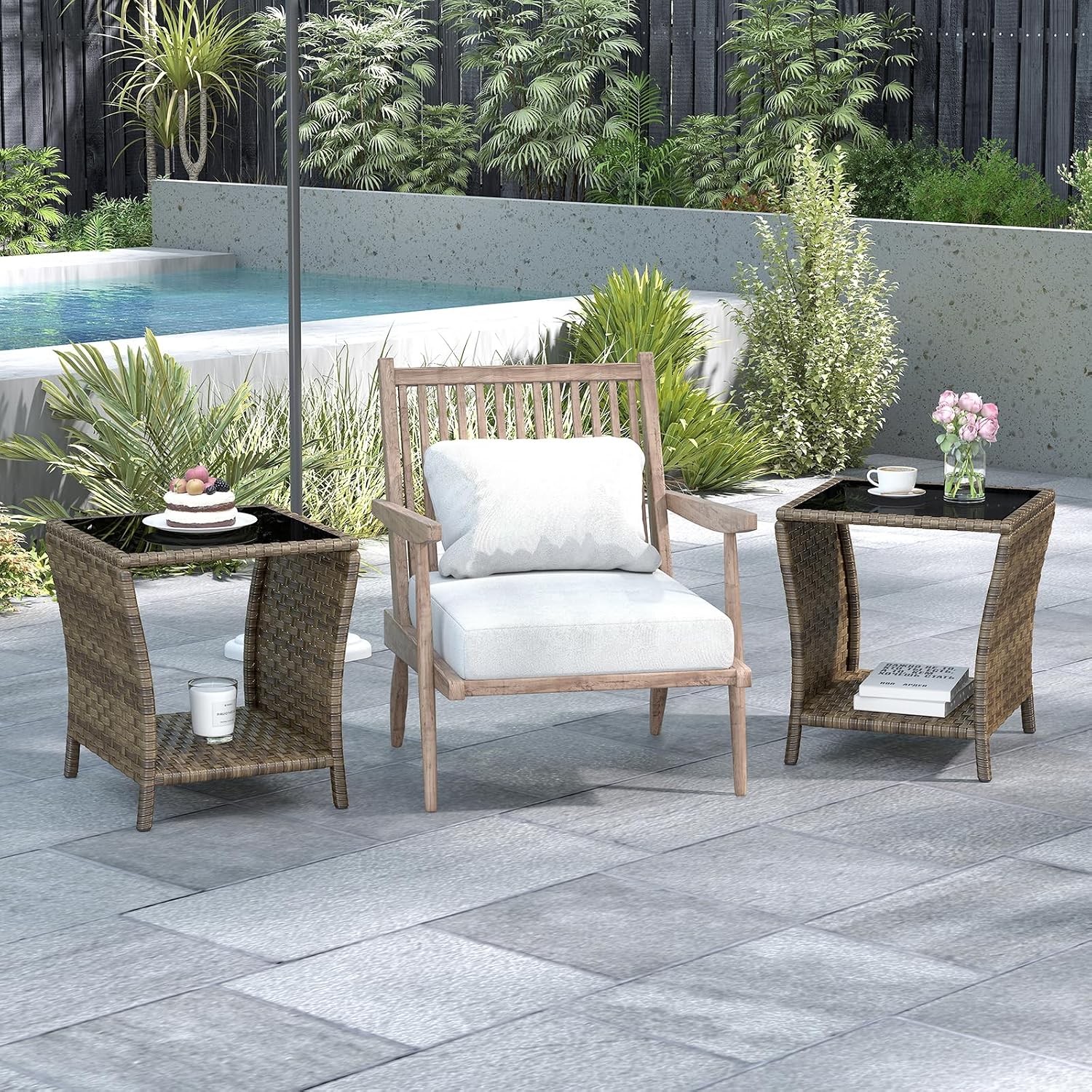 Outdoor Wicker Side Table, Set of 2 Rattan Side Tables End Table for Patio with Glass Top Rattan Storage for Patio Garden Balcony