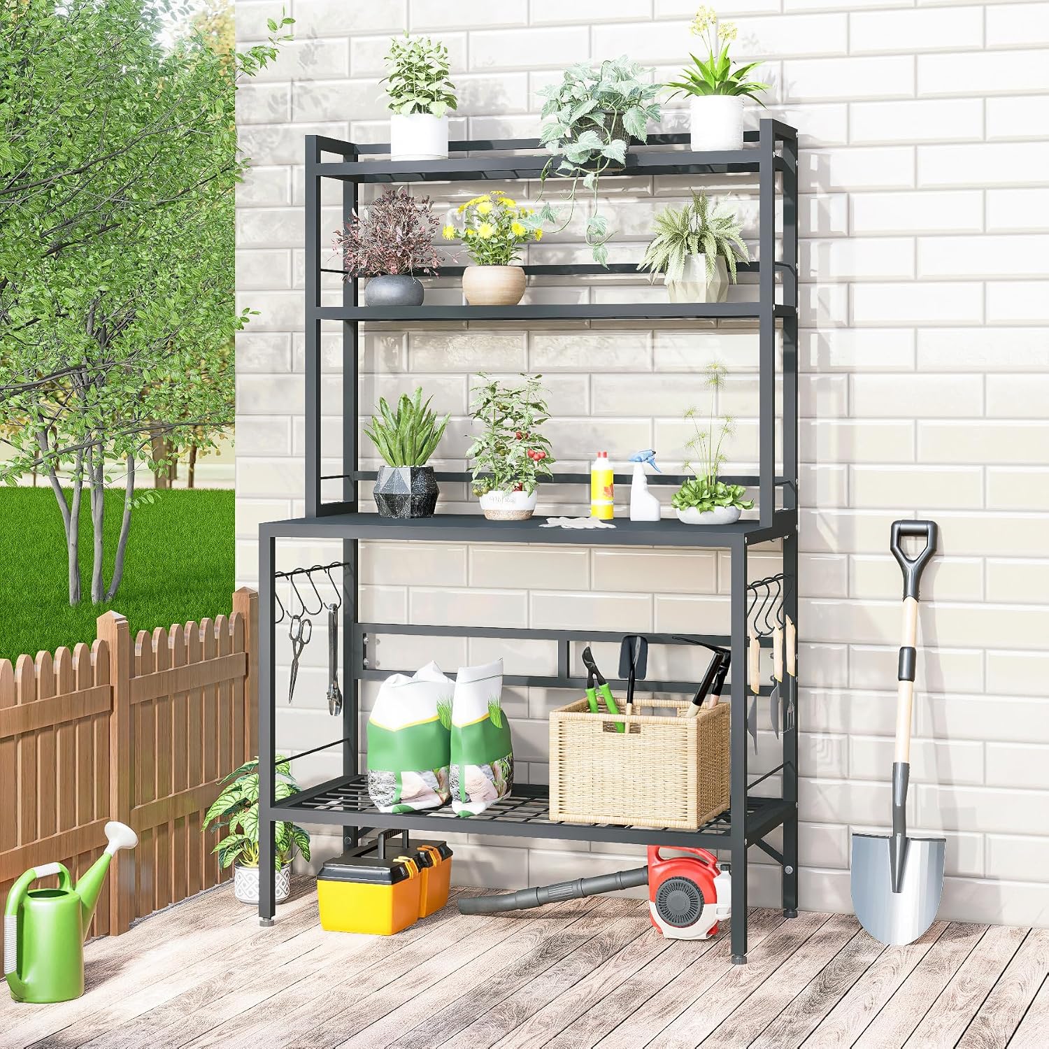 Outdoor Potting Bench Table with Storage, 63' Tall Metal Garden Workstation, 4-Tier Plant Stand Shelves with 8 Hooks, Heavy Duty All-Weather Potting Table for Patio, Backyard, Balcony, Gray