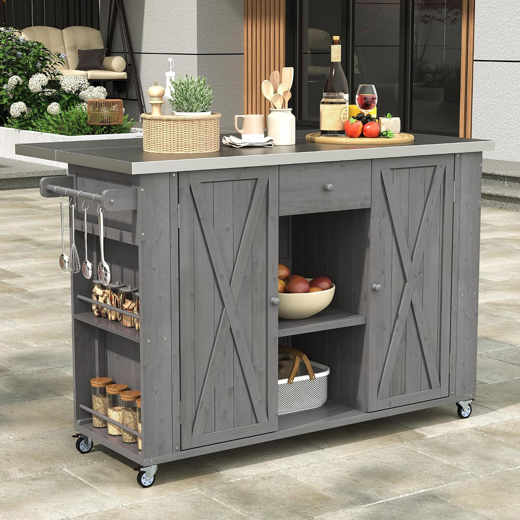 Merax XL Outdoor Table with Stainless Steel Top for Kitchen Prep and Storage Cabinet for Grilling Accessories, Outdoor Kitchen Island Grill Cart with Towel and Spice Racks & a Bottle Opener, Grey