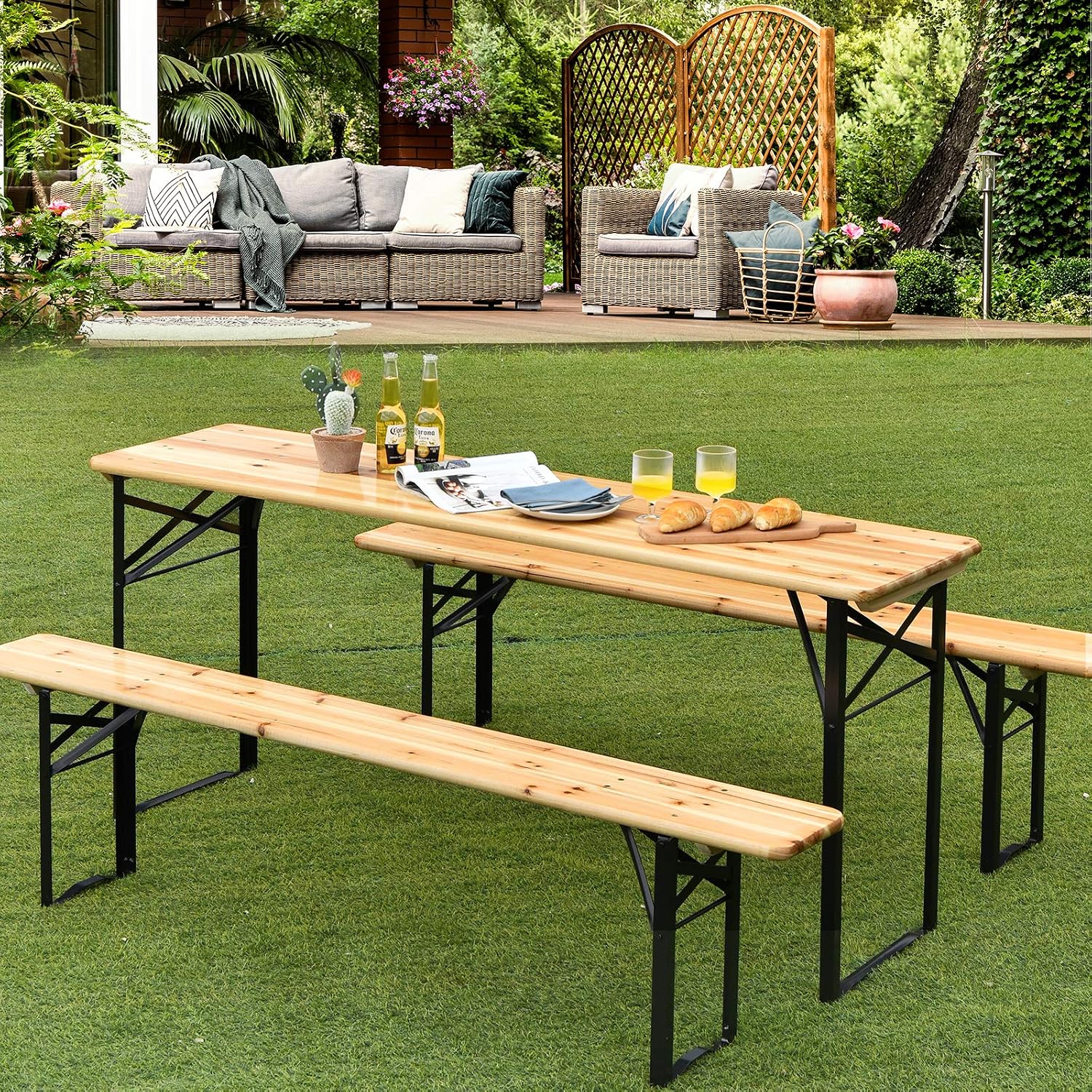 Giantex 70'' 3-Piece Portable Folding Picnic Beer Table with Seating Set Wooden Top Picnic Table for Patio Outdoor Activities Garden Use, 30'' Table Height