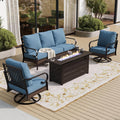 SUNSHINE VALLEY 4 Piece Metal Outdoor Patio Furniture Sets with Firepit Table, Patio Conversation Sets 1 3-Seater Sofa, 2 Swivel Sofa with 5.75' Thick Cushion Backyard Furniture for Deck, Denim Blue