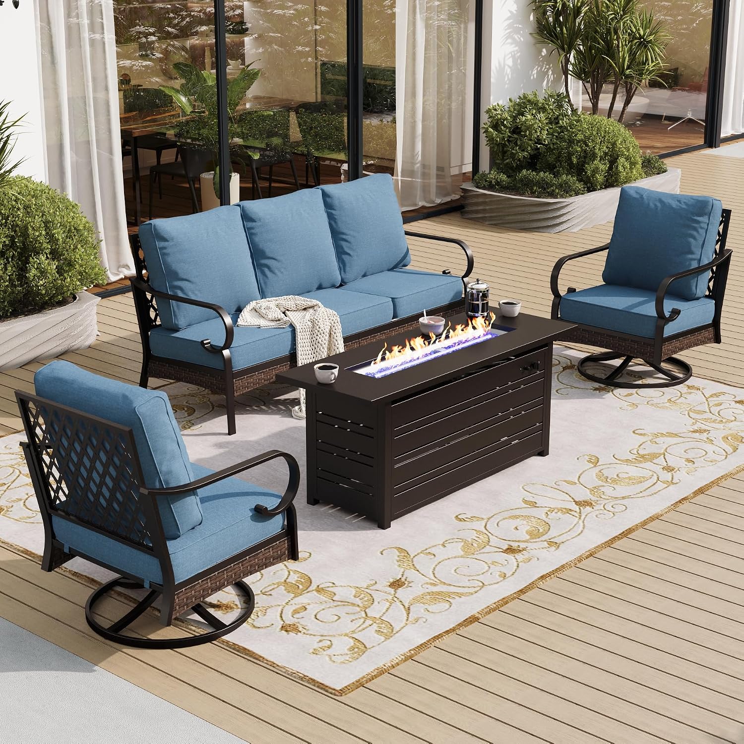 SUNSHINE VALLEY 4 Piece Metal Outdoor Patio Furniture Sets with Firepit Table, Patio Conversation Sets 1 3-Seater Sofa, 2 Swivel Sofa with 5.75' Thick Cushion Backyard Furniture for Deck, Denim Blue