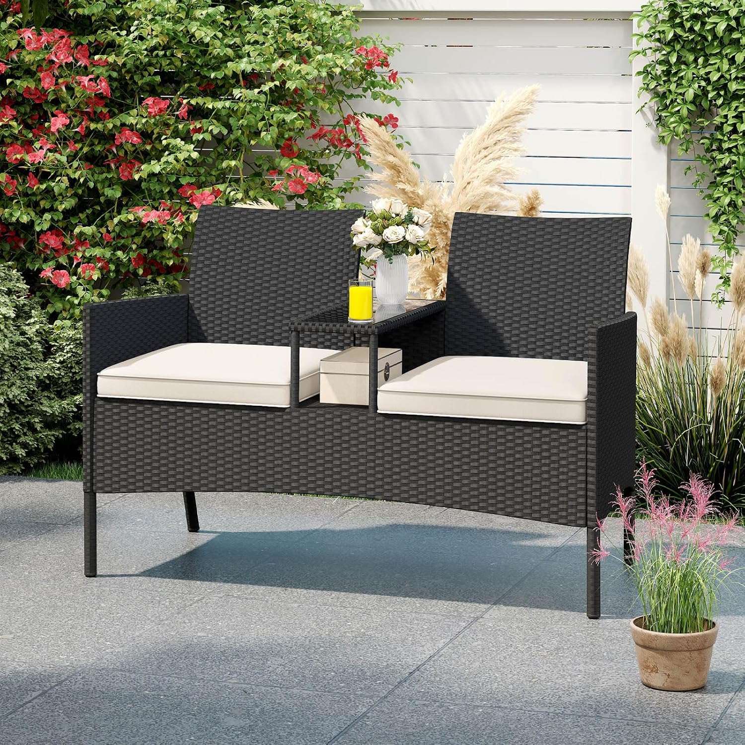 Tangkula Patio Loveseat with Built-in Table, Wicker 2-Seat Furniture with Soft Cushions & Tempered Glass Tabletop, Metal Frame Outdoor Conversation Seating Bench for Backyard, Porch