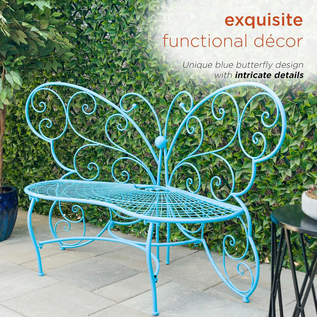 Alpine Corporation BAZ400BL Indoor Outdoor Metal Butterfly Shaped Garden Bench, 62' Long, Blue