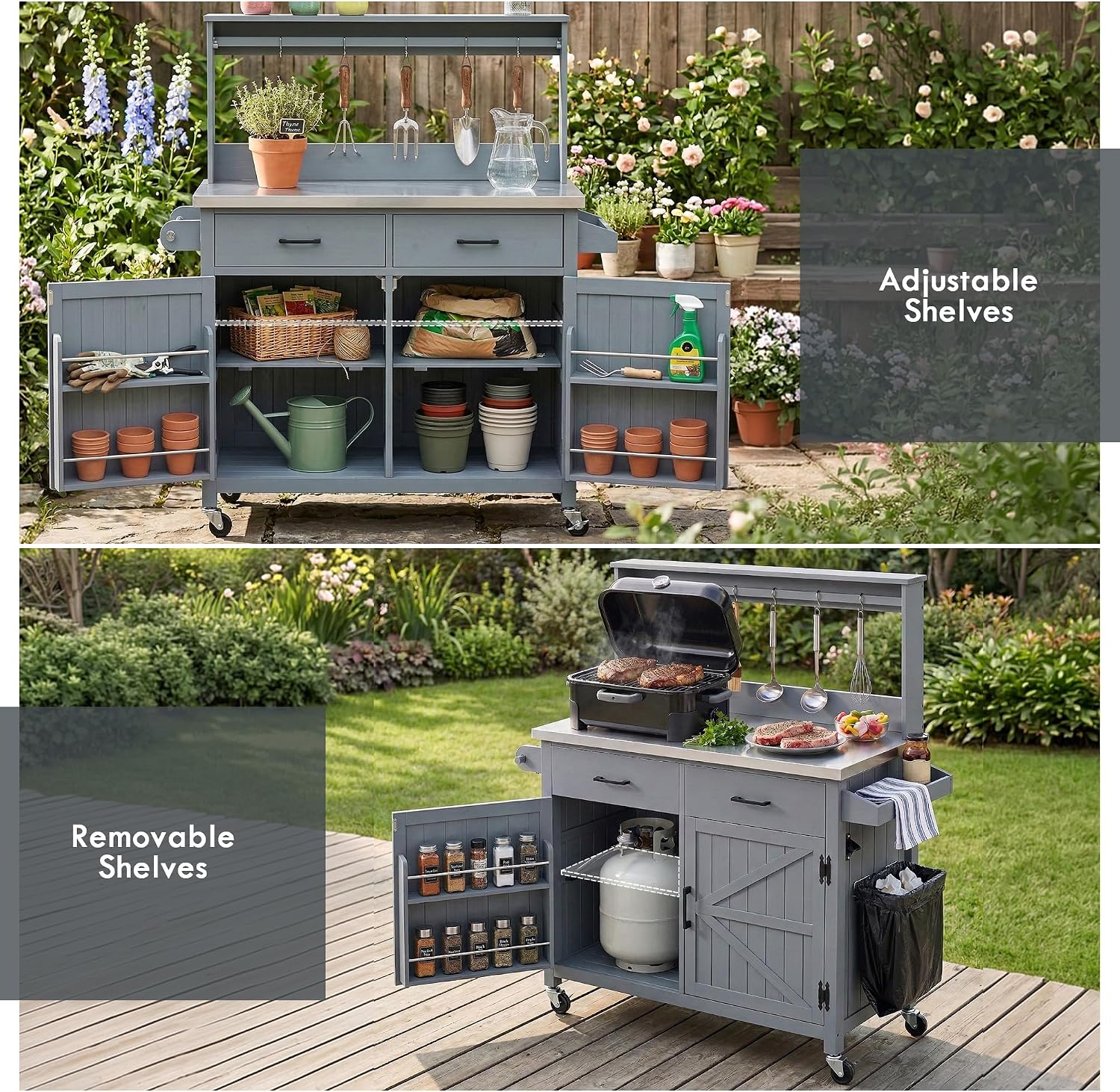 LUMISOL Grill Cart with Stainless Steel Top & High Shelf, Outdoor Solid Wood Kitchen Island with Lockable Wheels, Large Potting Bench Table with Storage Cabinet & Towel Rack, Grey+Blue