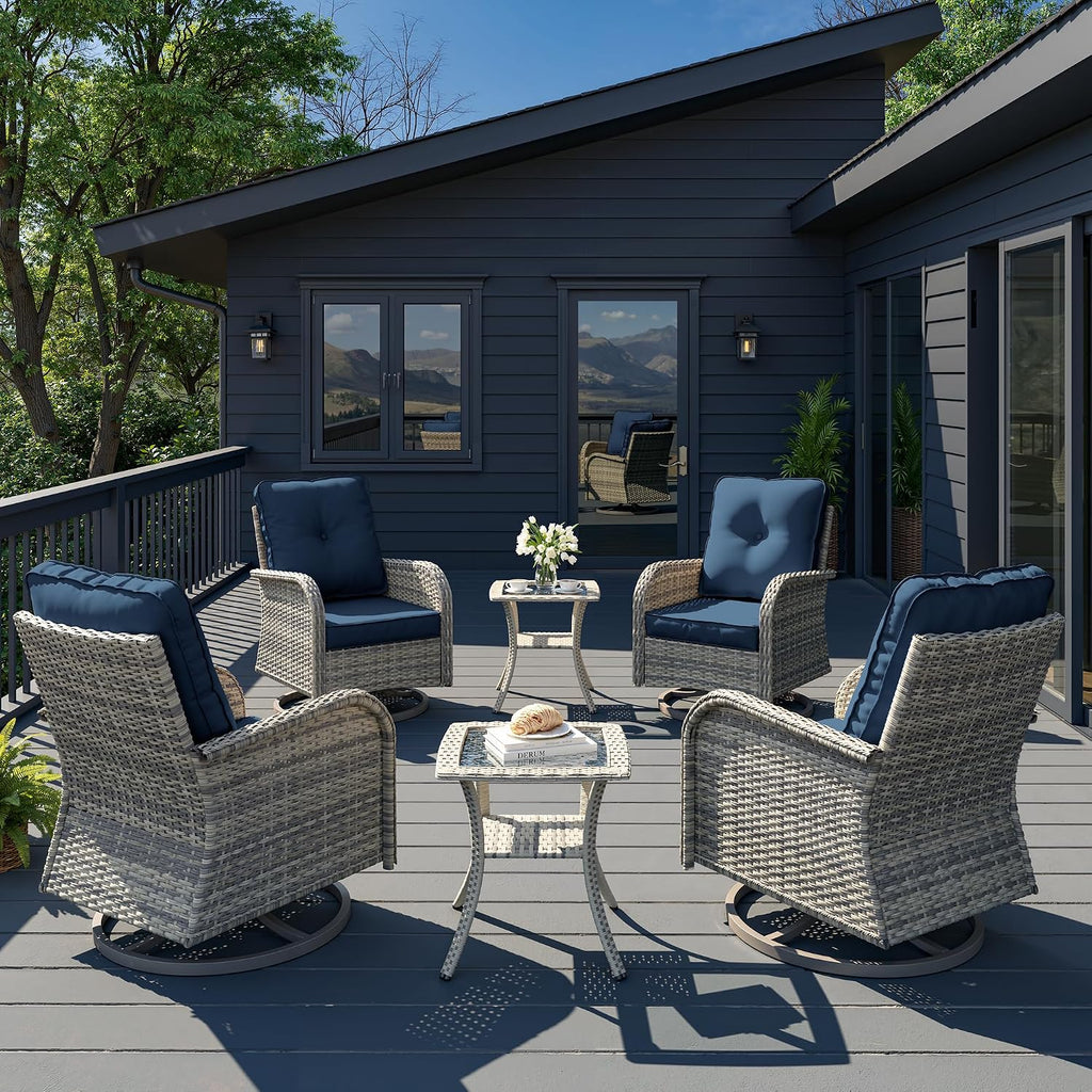 6-Piece Patio Rocking Swivel Chair Outdoor Wicker Rattan Bistro Set with Tempered Glass Side Table, Outdoor Patio Furniture Set for Garden, Deck, and Balcony, Blue
