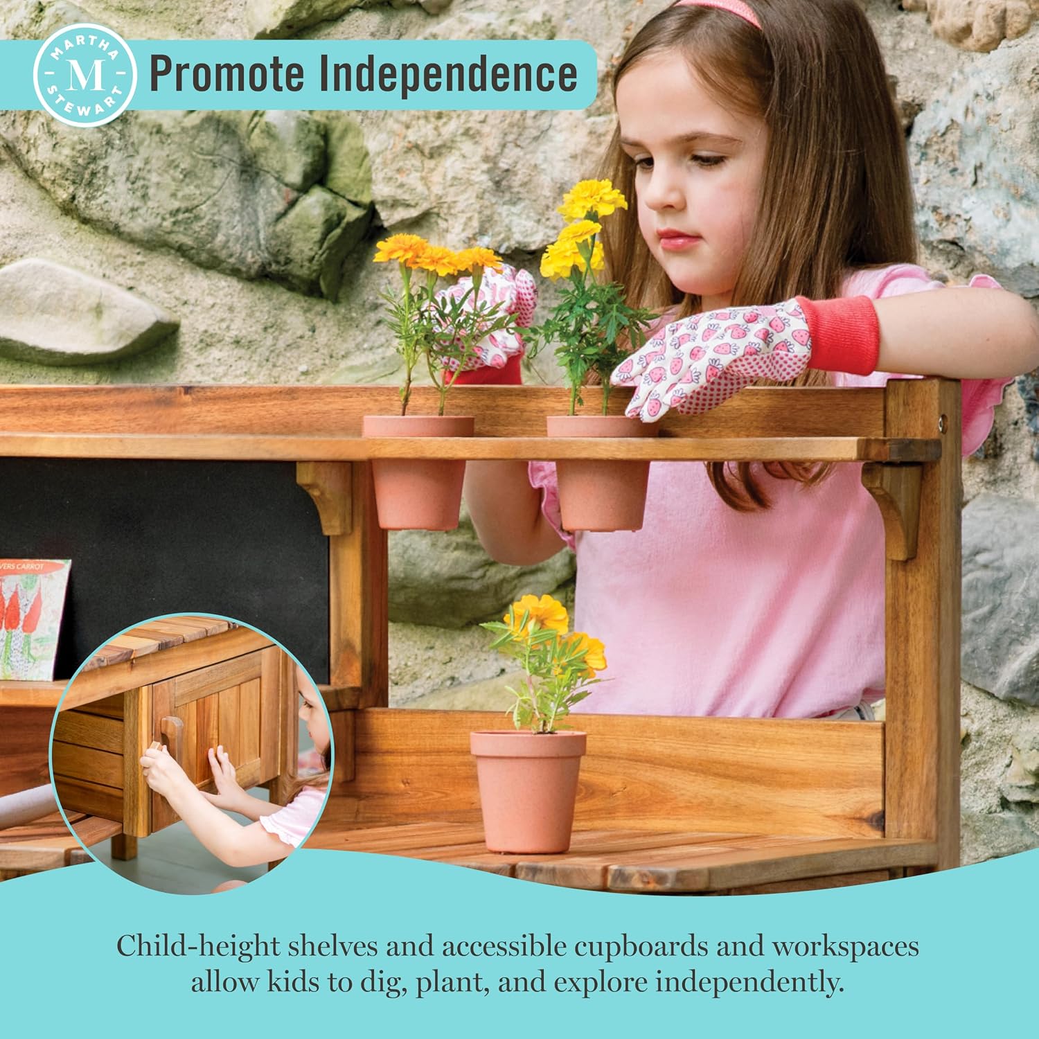Martha Stewart Kids' Outdoor Potting Bench: Wooden Mud Kitchen Playset w/Pots, Gardening Tools, Chalkboard, Removable Sink | Kids' Pretend Play Furniture, Sensory Mud Table w/Storage for Backyard