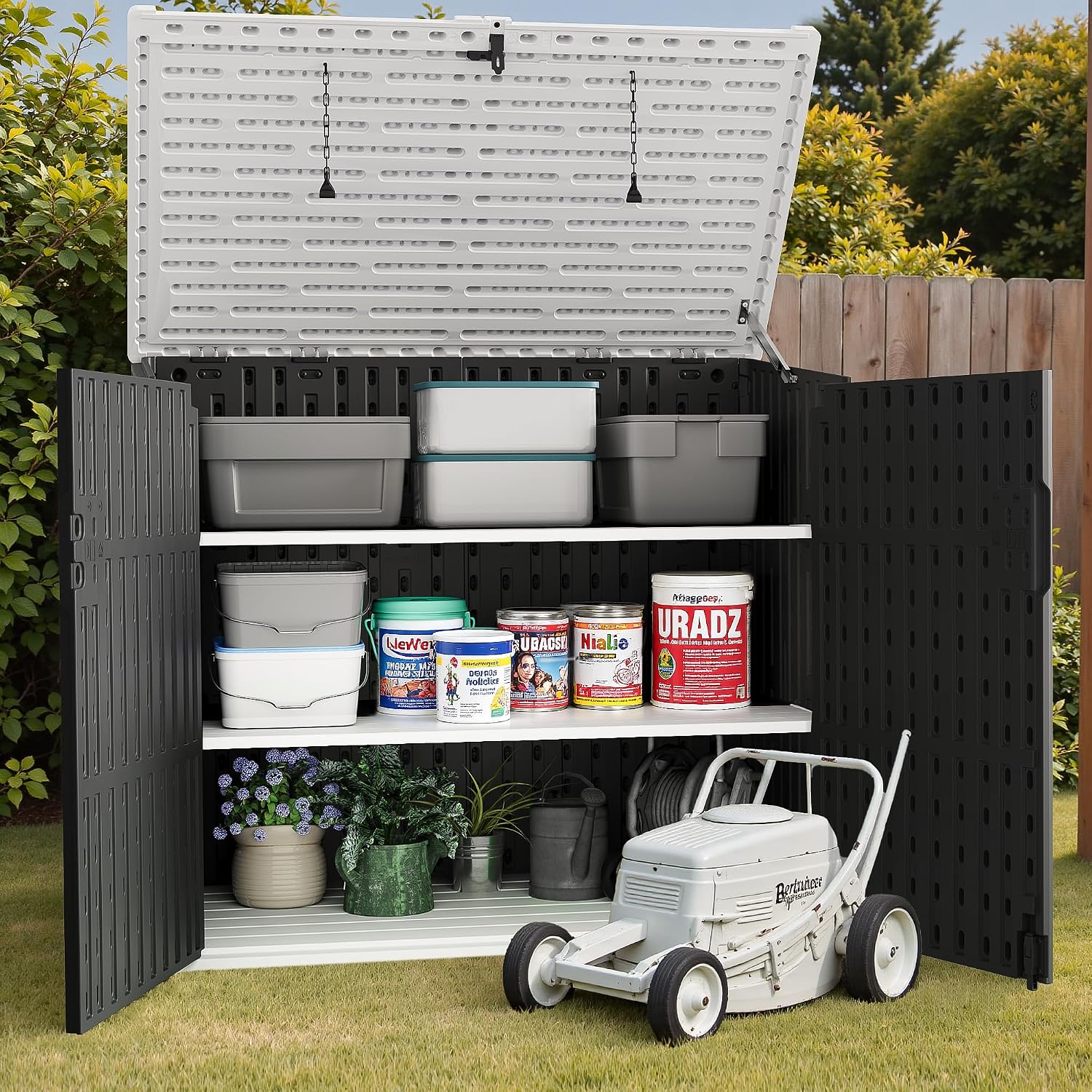 TUOZE 34 Cu Ft Resin Storage Shed with 2 Shelves, Waterproof Outdoor Storage Cabinet with Sloping Roof & Lockable Lid for Garden Tools, Trash Cans (Black)