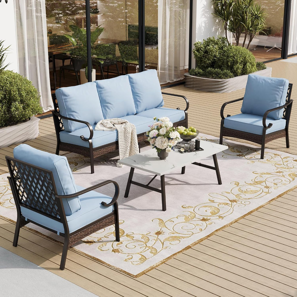 SUNSHINE VALLEY 5 Piece Metal Outdoor Patio Furniture Set, Patio Conversation Sets 1 3-Seater Sofa, 2 Chairs with 5.75' Extra Thick Cushion and Coffee Table, Black Frame Backyard Furniture, Blue