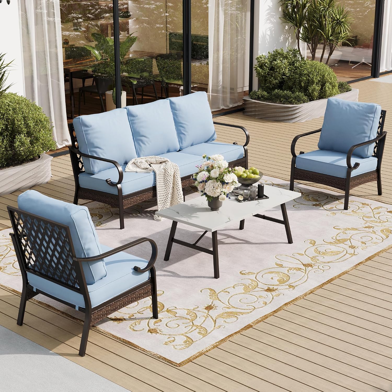 SUNSHINE VALLEY 5 Piece Metal Outdoor Patio Furniture Set, Patio Conversation Sets 1 3-Seater Sofa, 2 Chairs with 5.75' Extra Thick Cushion and Coffee Table, Black Frame Backyard Furniture, Blue