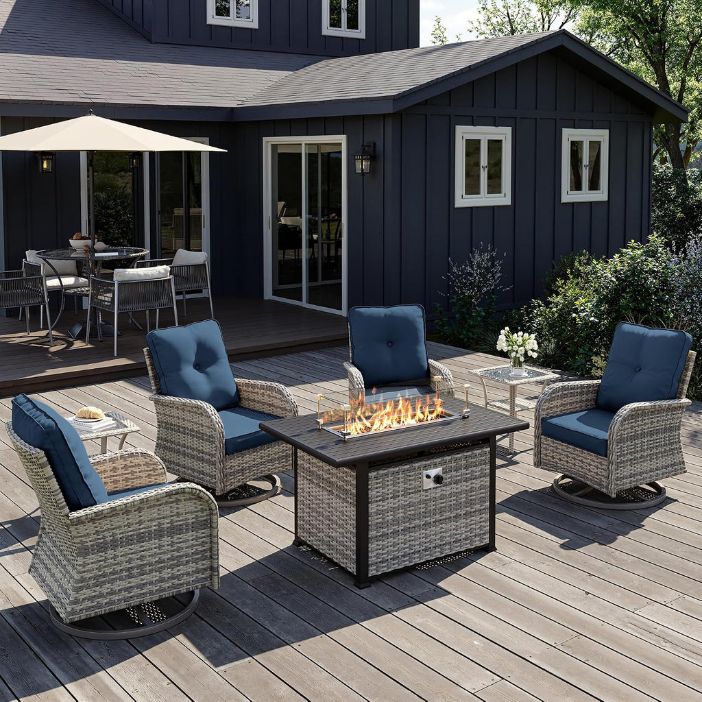 7Pcs Patio Rocking Swivel Chair with 55,000 BTU Fire Pit Table Outdoor Wicker Rattan Bistro Set with Tempered Glass Side Table, Outdoor Patio Furniture Set for Garden and Balcony, Blue