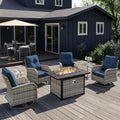 7Pcs Patio Rocking Swivel Chair with 55,000 BTU Fire Pit Table Outdoor Wicker Rattan Bistro Set with Tempered Glass Side Table, Outdoor Patio Furniture Set for Garden and Balcony, Blue