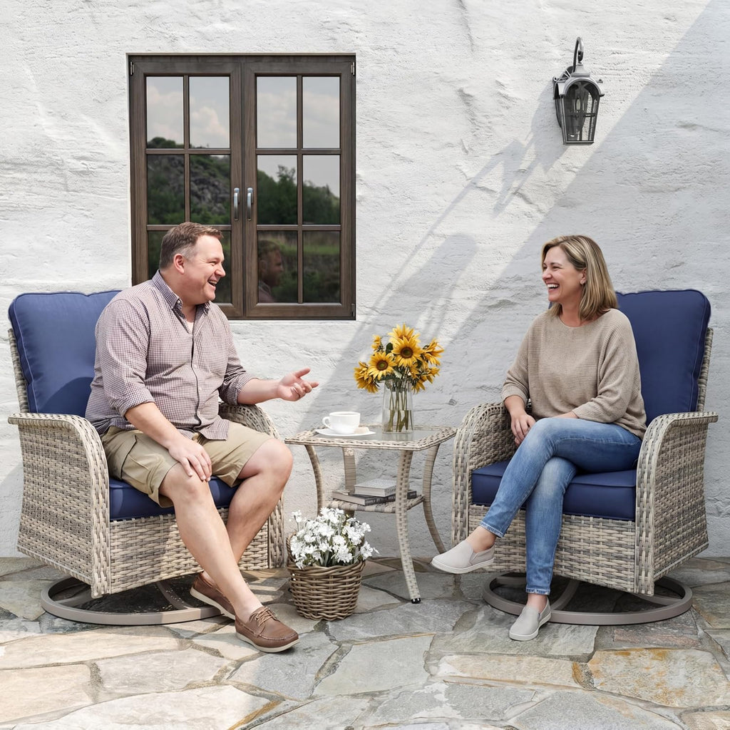 Outdoor Patio Furniture Set Rocking Swivel Chair Wicker Rattan Bistro Set with Tempered Glass Side Table, Outdoor Conversation Set for Garden, Deck, and Balcony,Navy Blue