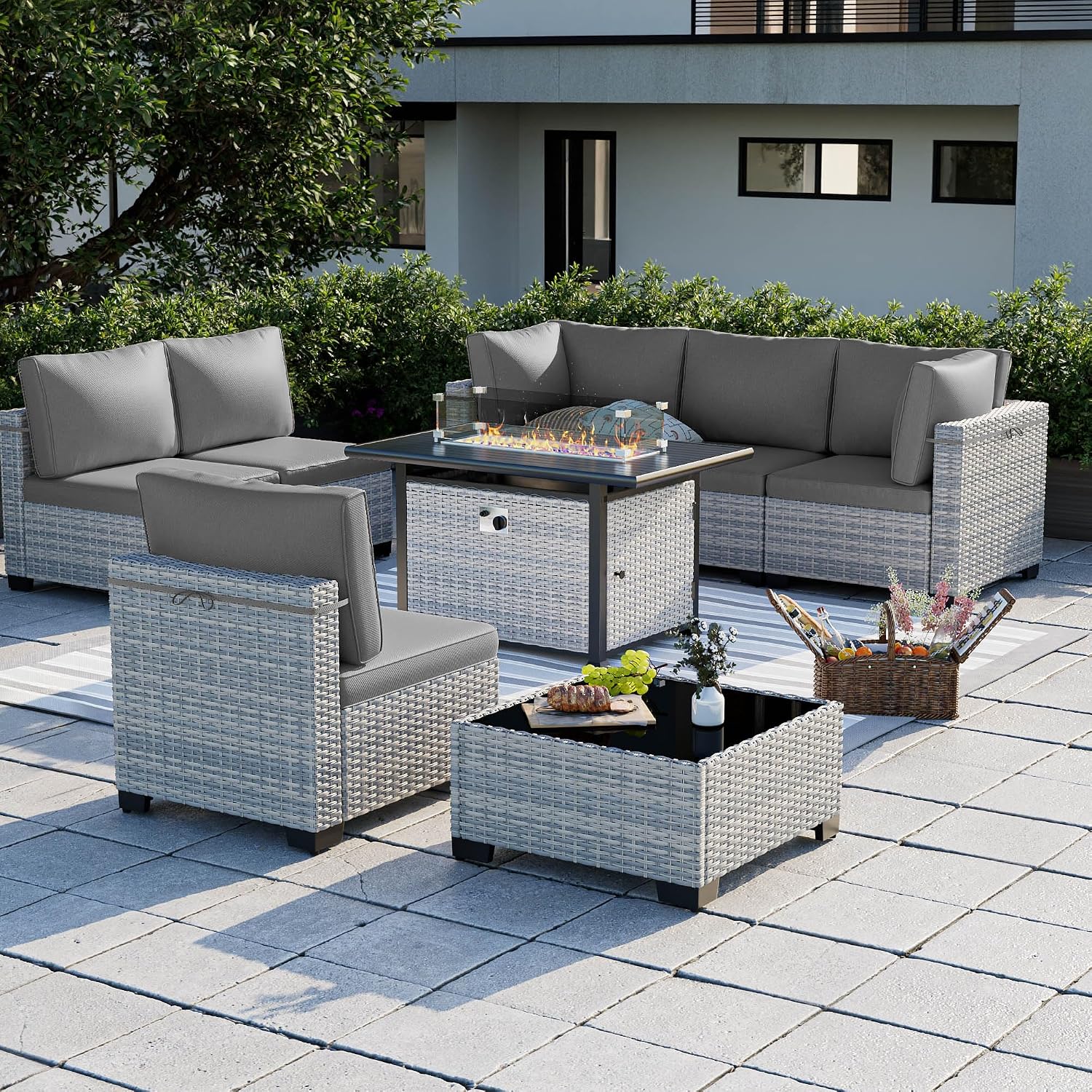8-Piece Modern Patio Furniture Set with 55,000 BTU Fire Pit Table, Thick Cushions, Dual-Strand Wicker Rattan, Rust-Resistant Frame, Grey