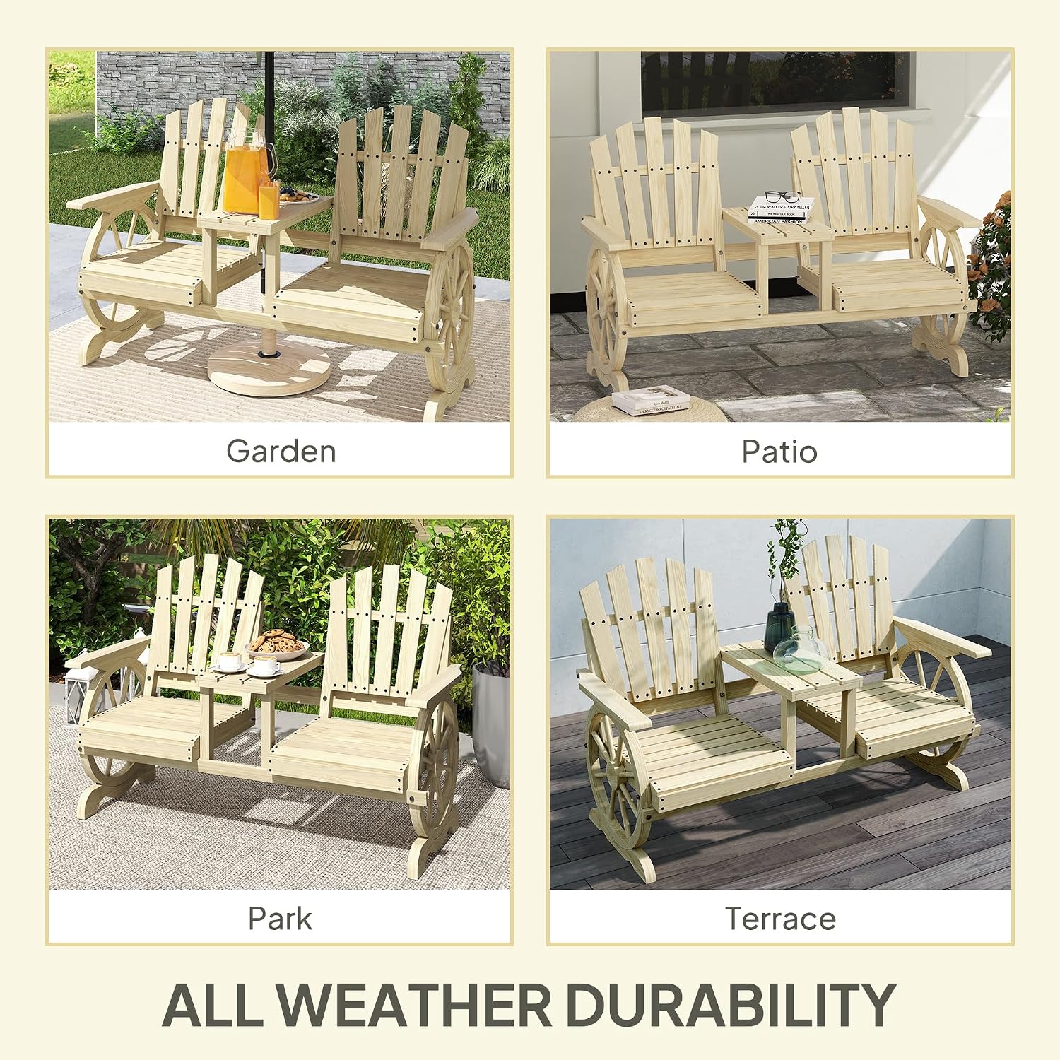 Outsunny Wooden Garden Bench with Table, Umbrella Hole, 2-Seater Wagon Wheel Outdoor Bench with Slatted Seat, High Backrest, Armrests for Backyard, Patio, Garden, Natural Wood