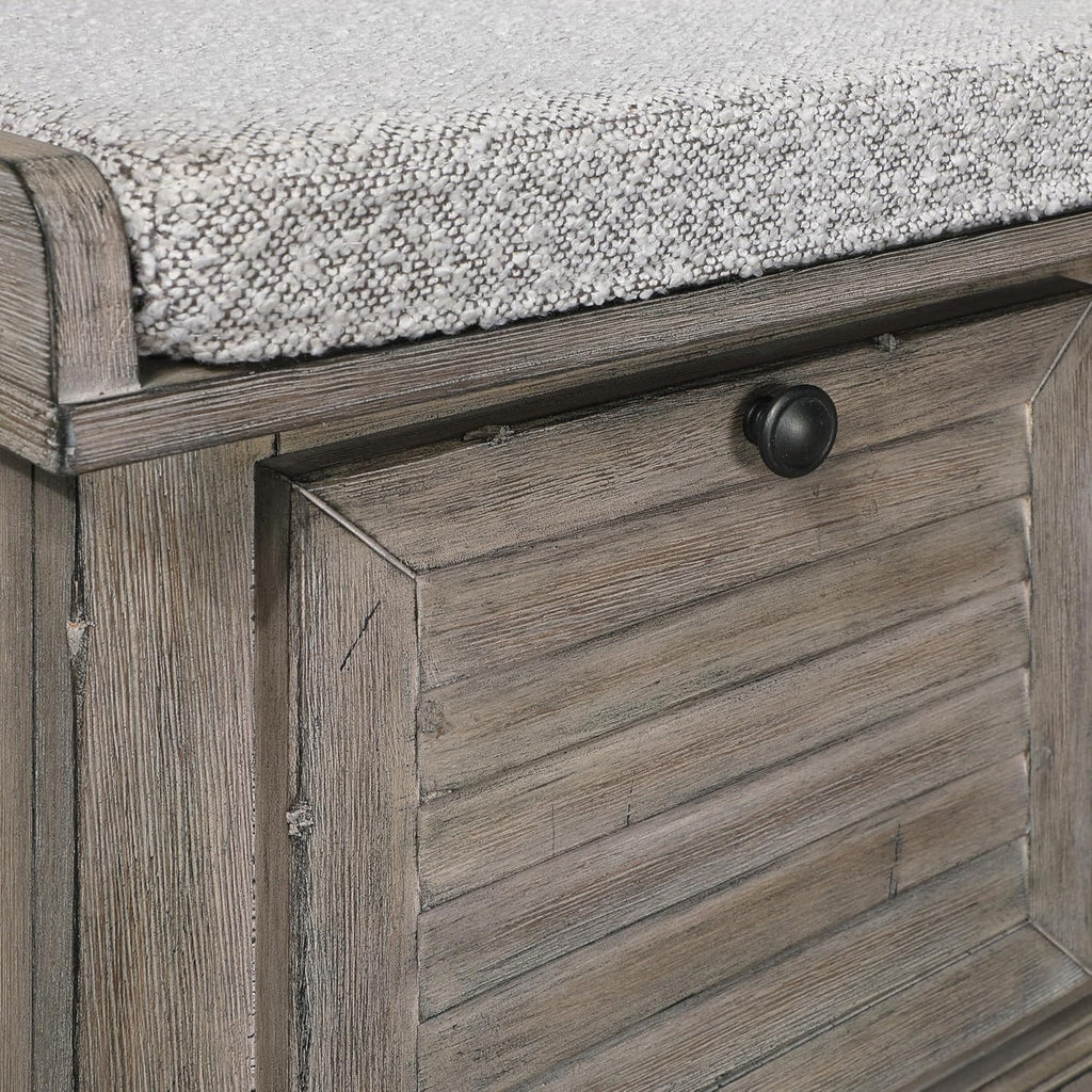 OSP Home Furnishings Dover Coastal Lift-Top Storage Bench with Shutter Face Styling, Goldstone Finish with Salt and Pepper Cushion
