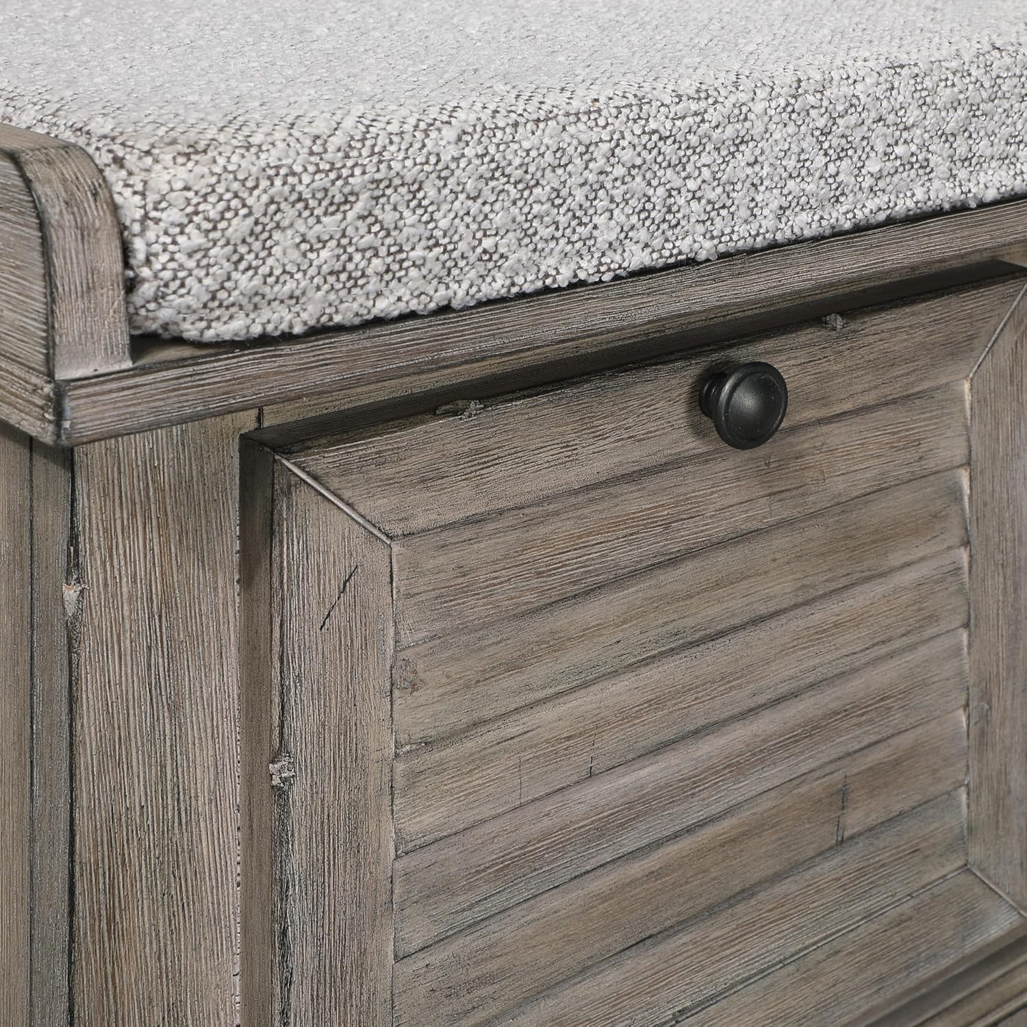 OSP Home Furnishings Dover Coastal Lift-Top Storage Bench with Shutter Face Styling, Goldstone Finish with Salt and Pepper Cushion