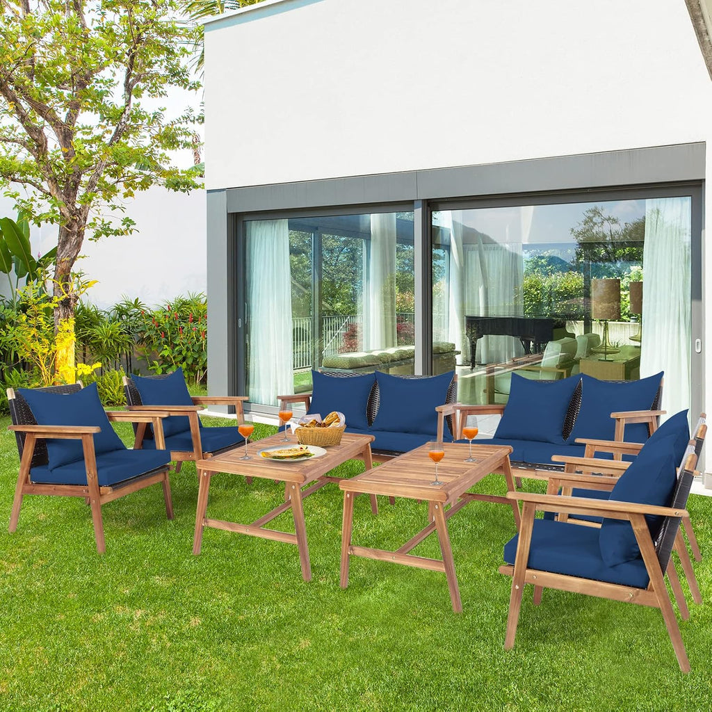 Tangkula 8-Piece Patio Furniture Set, Outdoor Acacia Wood Conversation Set with Cushions and Coffee Table, Outdoor PE Wicker Sectional Sofa Set for Garden, Poolside and Backyard (2, Navy)