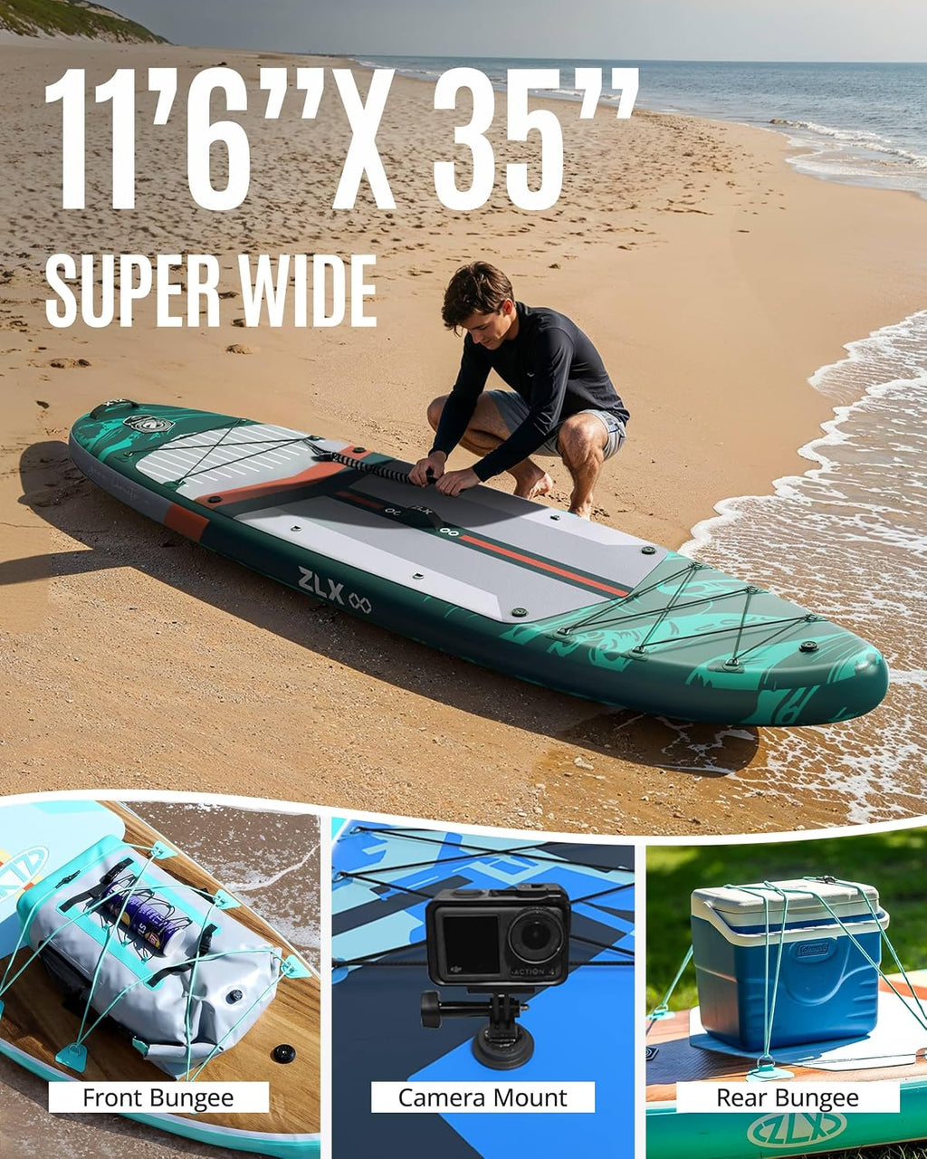 ZLX 11'6'x35' Ultra Wide Inflatable Stand Up Paddle Board | Stable Non-Slip Deck Pad, Unique Fin System, Premium SUP Accessories & Backpack - Upgraded Pump for Adults, All Skill Levels