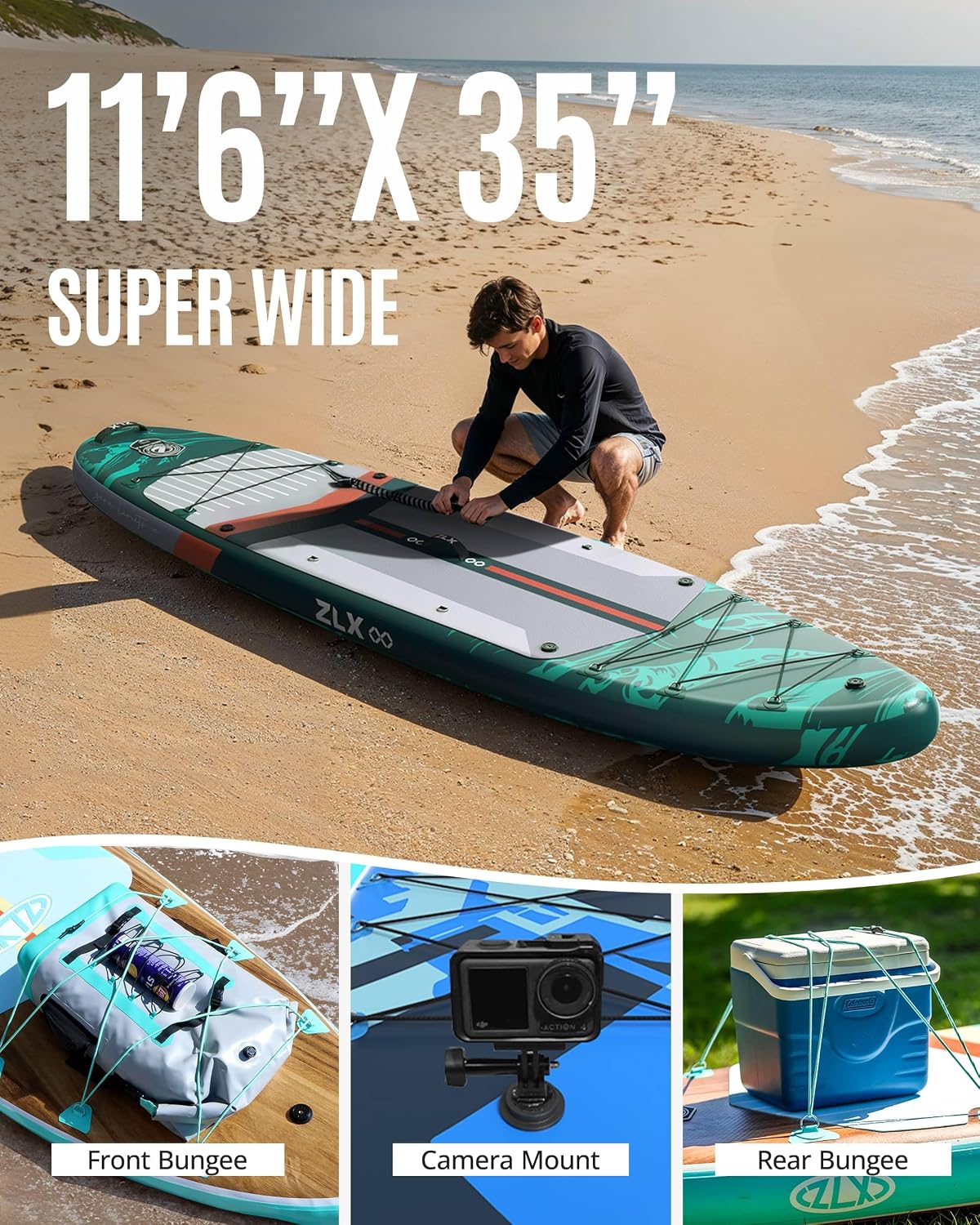 ZLX 11'6'x35' Ultra Wide Inflatable Stand Up Paddle Board | Stable Non-Slip Deck Pad, Unique Fin System, Premium SUP Accessories & Backpack - Upgraded Pump for Adults, All Skill Levels