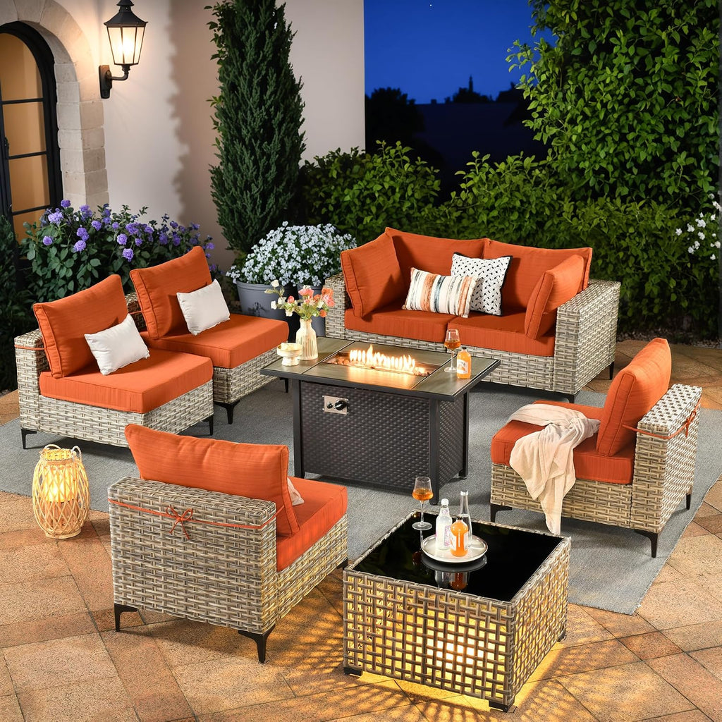 Outdoor Sectional Patio Furniture Set with Fire Pit Table and Glowing Table,8 Pieces Wicker Conversation Sets L Shaped Couch Out Door Sofa Set Outside Furniture for Garden Deck Yard,Orange Red