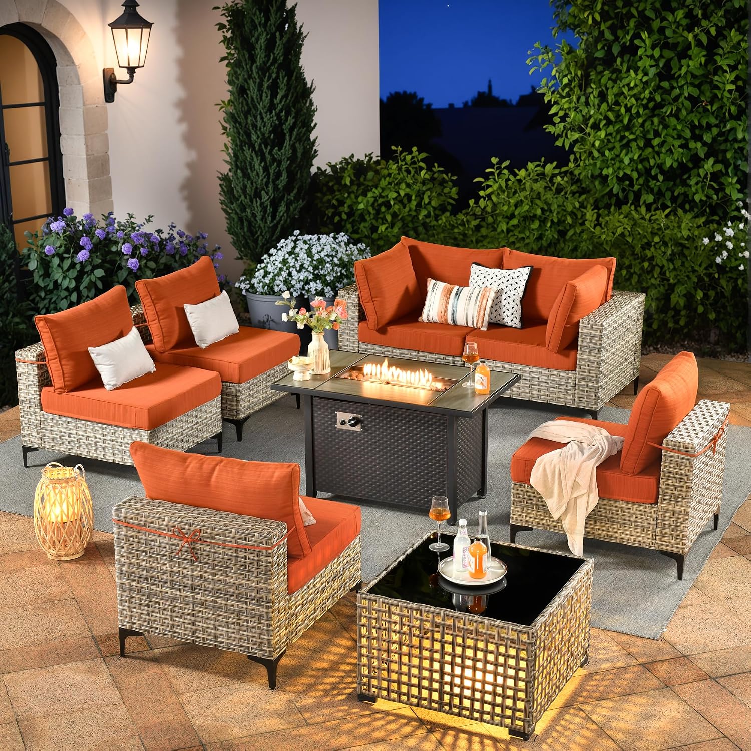 Outdoor Sectional Patio Furniture Set with Fire Pit Table and Glowing Table,8 Pieces Wicker Conversation Sets L Shaped Couch Out Door Sofa Set Outside Furniture for Garden Deck Yard,Orange Red