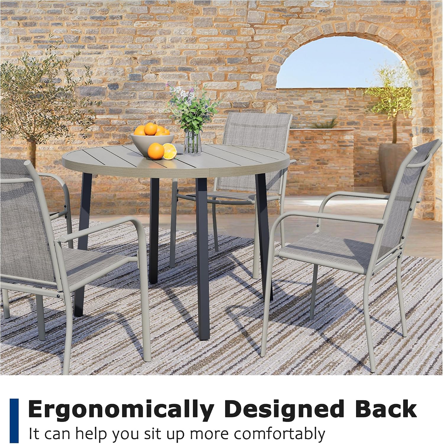 5 Pieces Patio Dining Set for 4, Grey Patio Stackable Chairs and Honey Oak Round Table Set of 4, Outdoor Furniture Set with Sling Support for Outside, Garden
