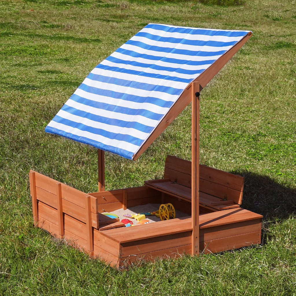 Kids Wooden Outdoor Sandbox with Cover，Sand Boxes with Canopy and Foldable Storage Bench Seats, Sand Table with Protection Bottom Liner,Kids Play Equipment for Outdoor(47X47Inch)