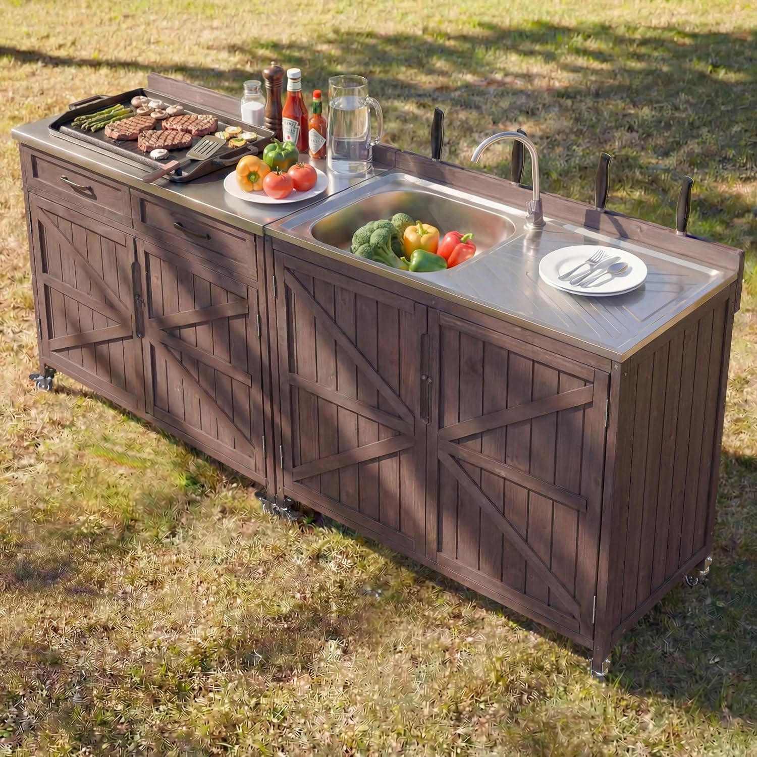 LUMISOL Outdoor Grill Cart Set with Stainless Steel Station, 2 Piece Outdoor Kitchen Island Set with Faucet, Drawer, 2 Door Shelves, Outdoor Storage Cabinet with Storage Racks & Wheels, Dark Brown