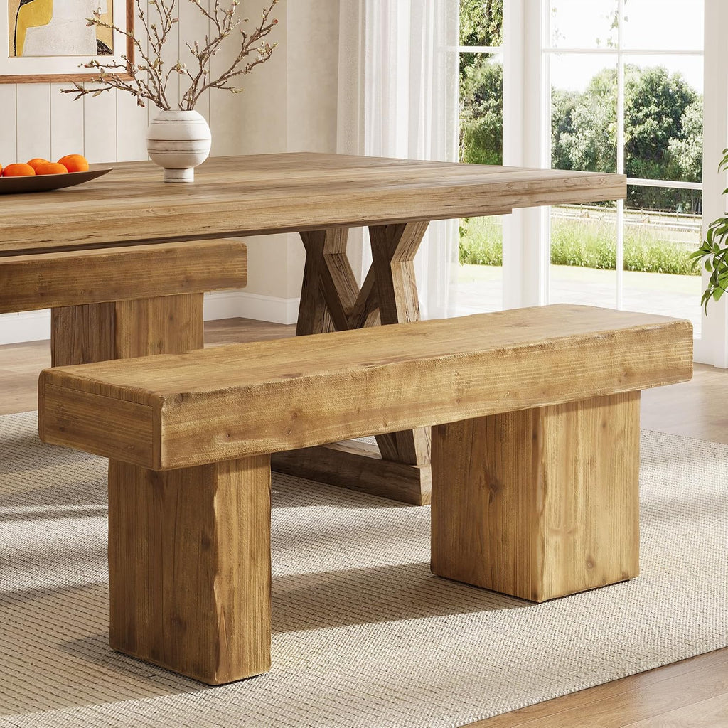 Solid Wood Bench, 47' Farmhouse Entryway Bench with Thickened Seat & Artistic Legs, Heavy Duty Indoor Bench for Bedroom, Hallway, Living Room, Indoor, Porch, Natural