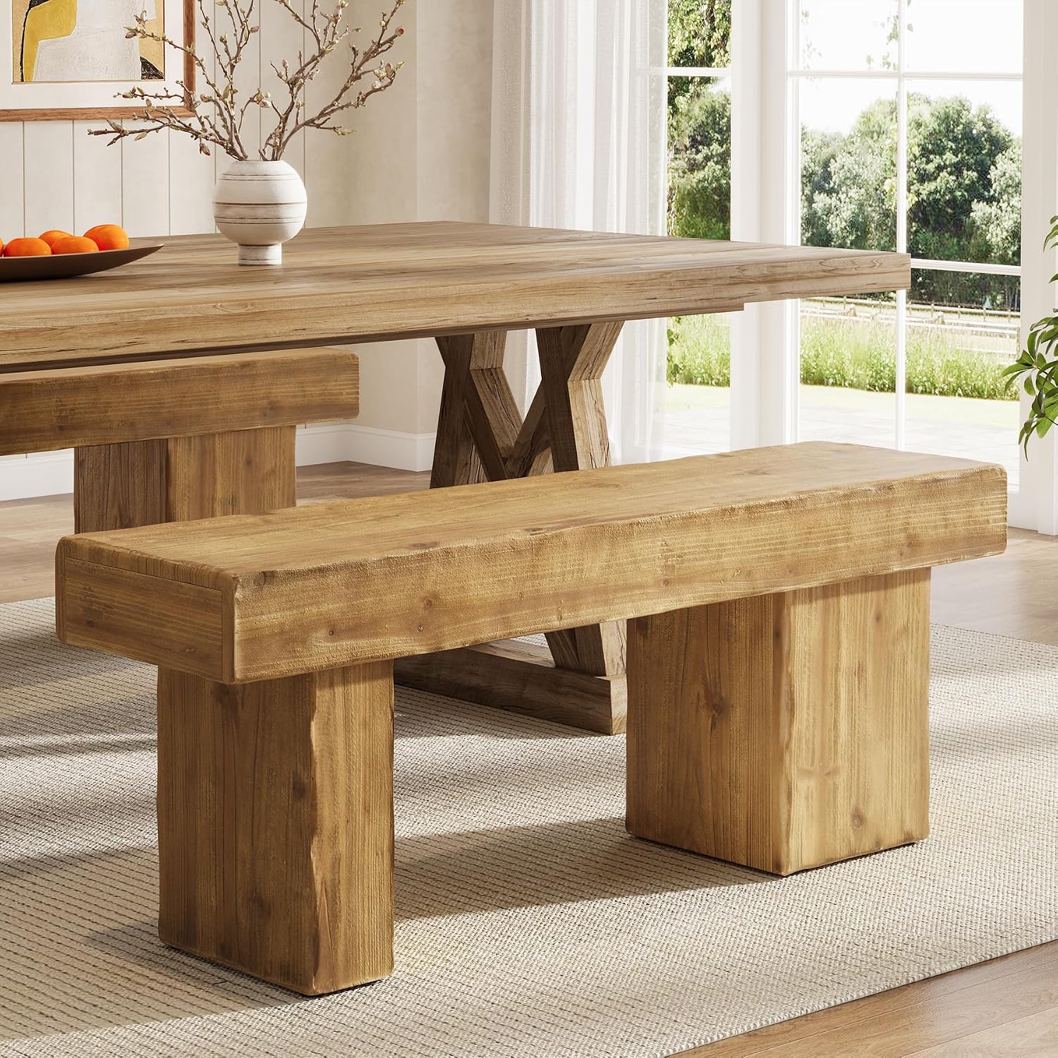 Solid Wood Bench, 47' Farmhouse Entryway Bench with Thickened Seat & Artistic Legs, Heavy Duty Indoor Bench for Bedroom, Hallway, Living Room, Indoor, Porch, Natural