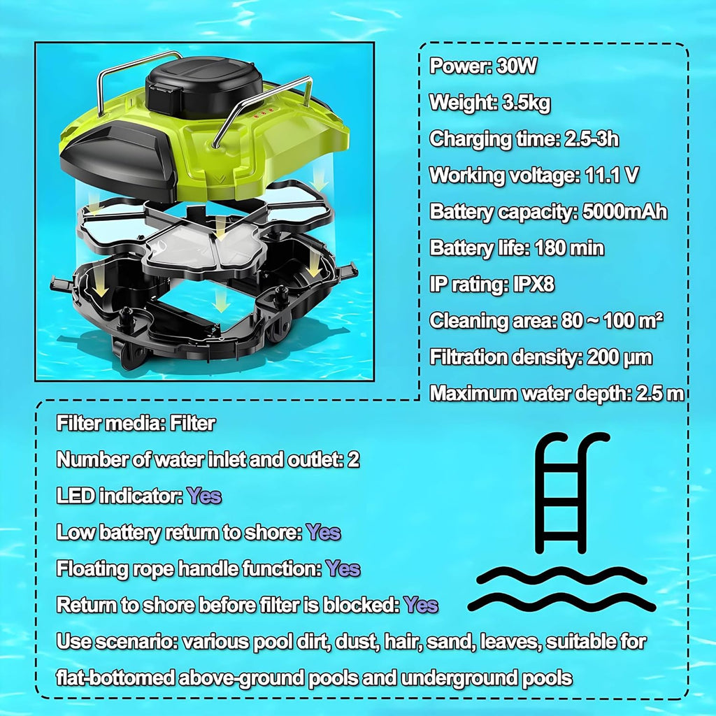 Automatic Pool Cleaning Robot, Automatic Pool Robot Cleaner Filter, Cordless Pool Cleaner Automatic, with Scraper, 30W, 11.1 V, for Efficient Swimming Pool Maintenance
