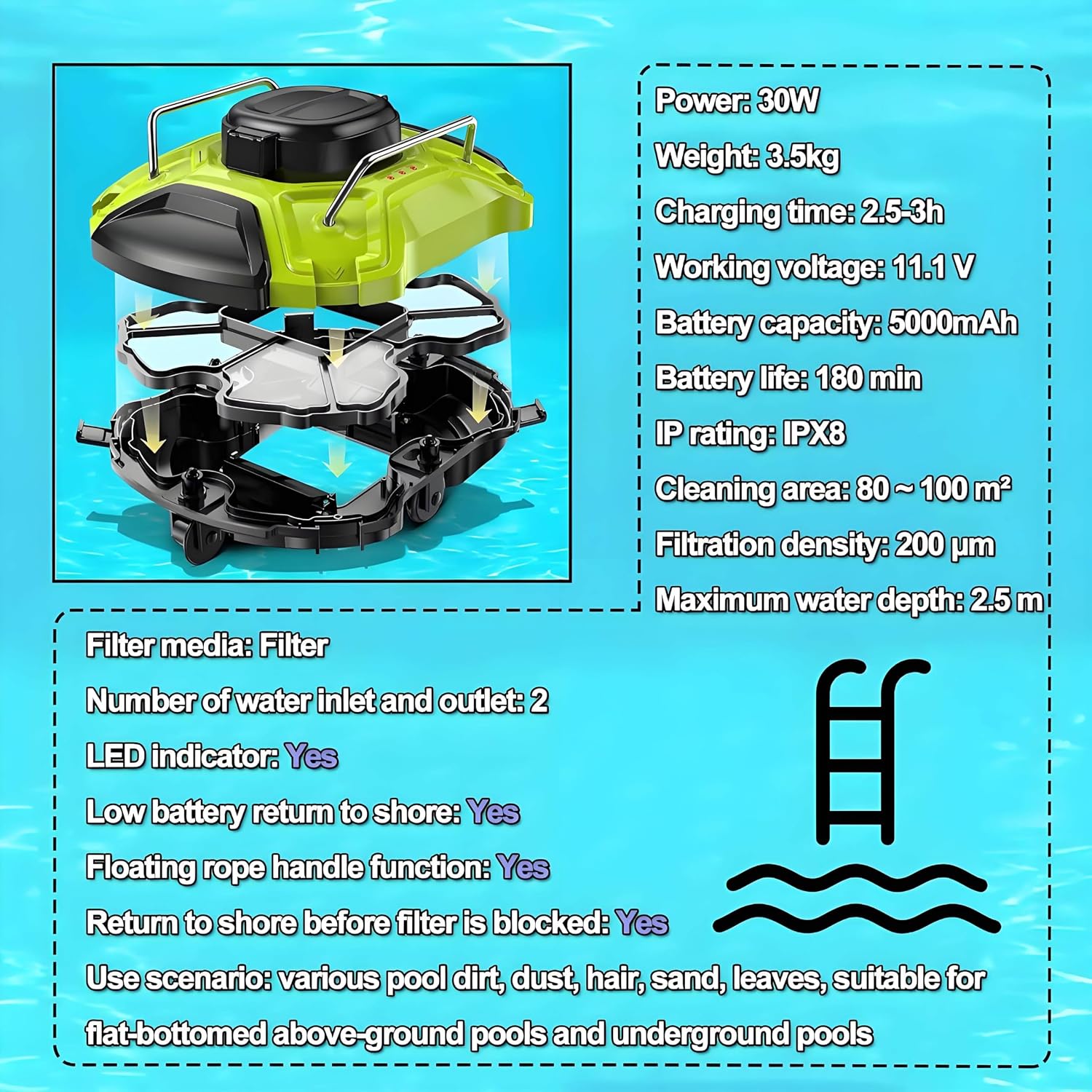 Automatic Pool Cleaning Robot, Automatic Pool Robot Cleaner Filter, Cordless Pool Cleaner Automatic, with Scraper, 30W, 11.1 V, for Efficient Swimming Pool Maintenance