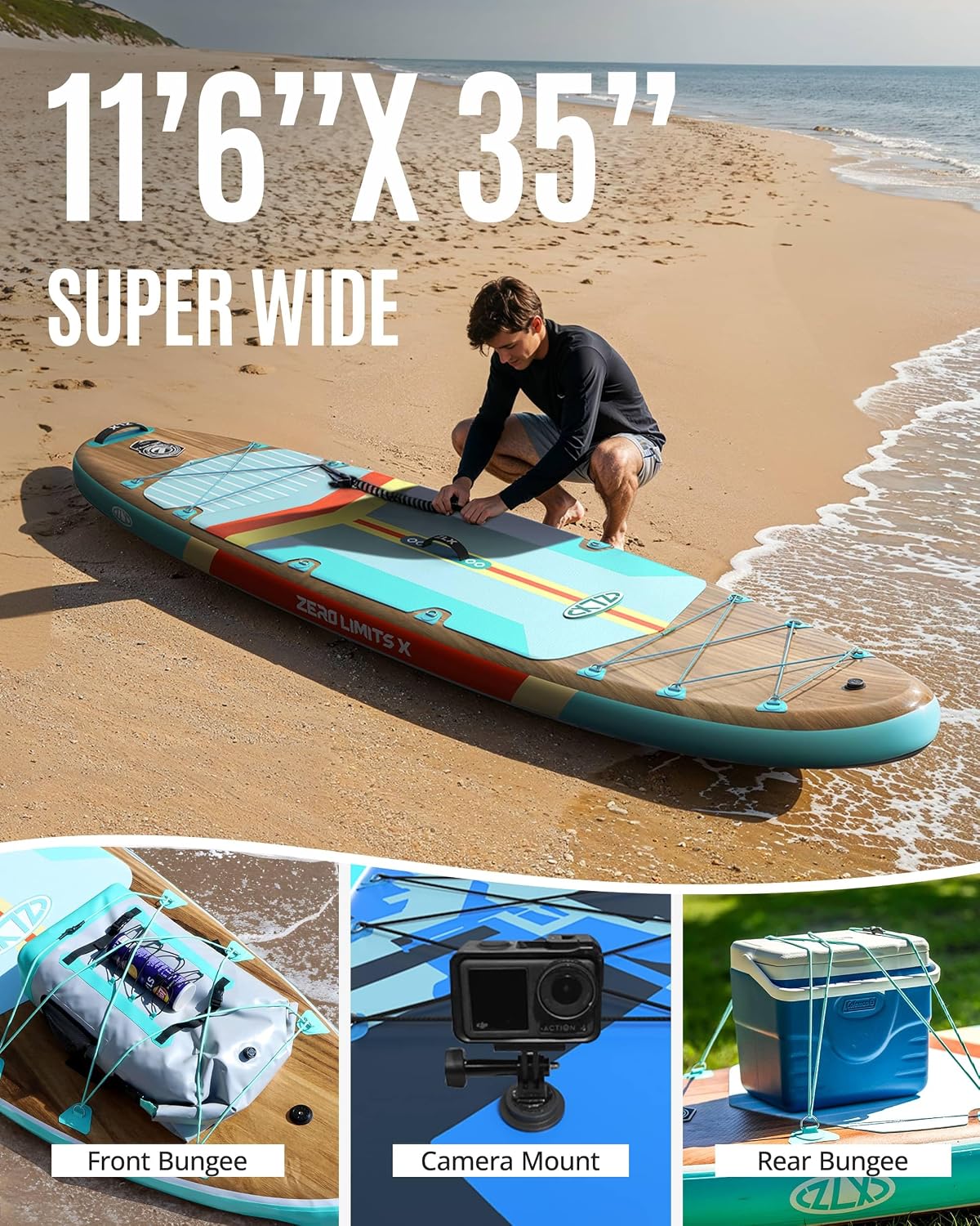 ZLX 11'6'x35' Ultra Wide Inflatable Stand Up Paddle Board | Stable Non-Slip Deck Pad, Unique Fin System, Premium SUP Accessories & Backpack - Upgraded Pump for Adults, All Skill Levels