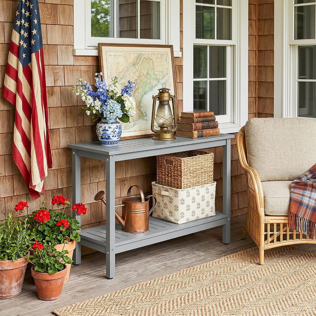 SUPER DEAL 48 inch Outdoor Console Table, 2-Tier Solid Wood Side Table Multifunctional Buffet Bar Storage Organizer with Adjustable Feet for All-Weather Indoor Outdoor Porch, Grey