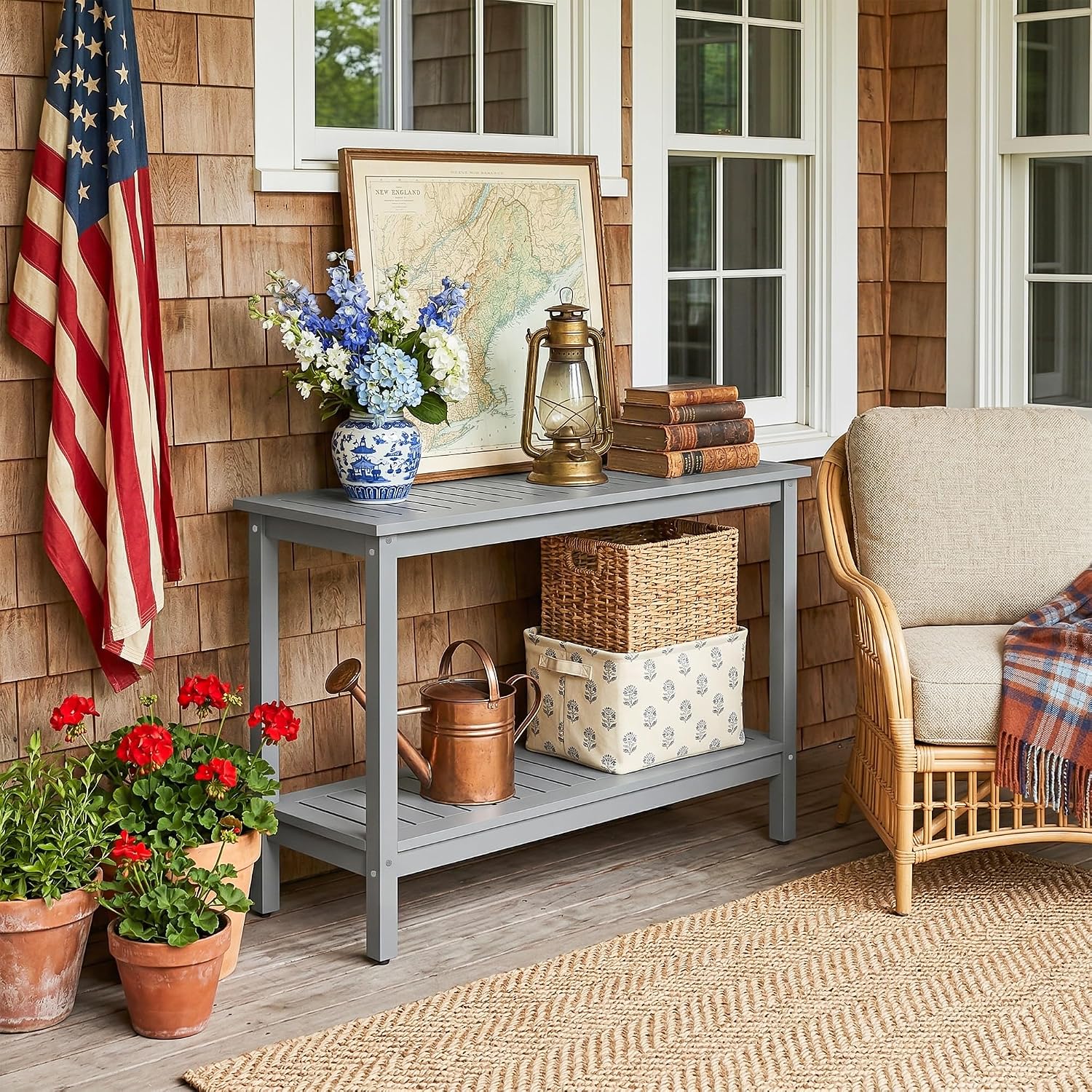 SUPER DEAL 48 inch Outdoor Console Table, 2-Tier Solid Wood Side Table Multifunctional Buffet Bar Storage Organizer with Adjustable Feet for All-Weather Indoor Outdoor Porch, Grey