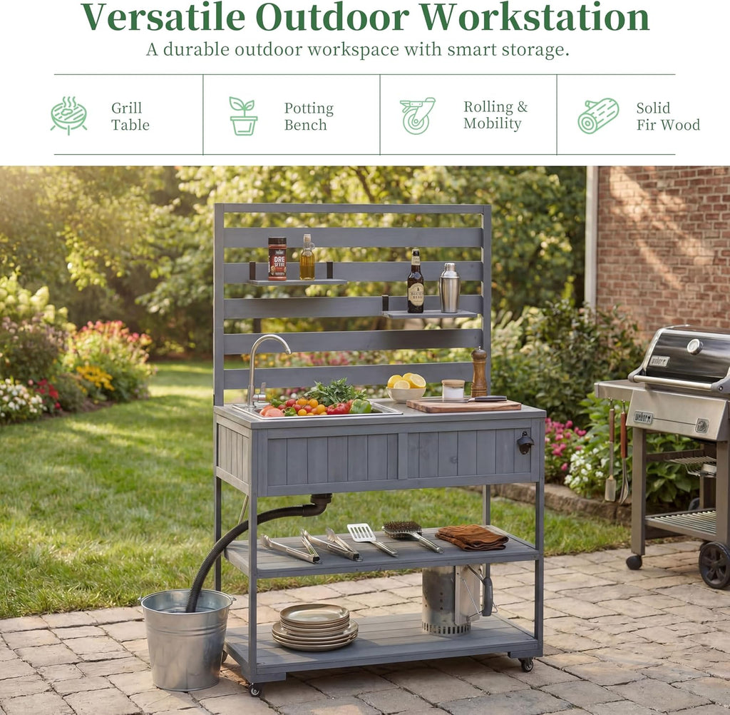 LUMISOL Garden Potting Bench Table with Stainless Table Top, Outdoor Rolling Kitchen Cart with Sink and 2 Movable Shelves, 41.7'' Large Solid Wood Garden Workstation with 1 Bottle Opener, Gray
