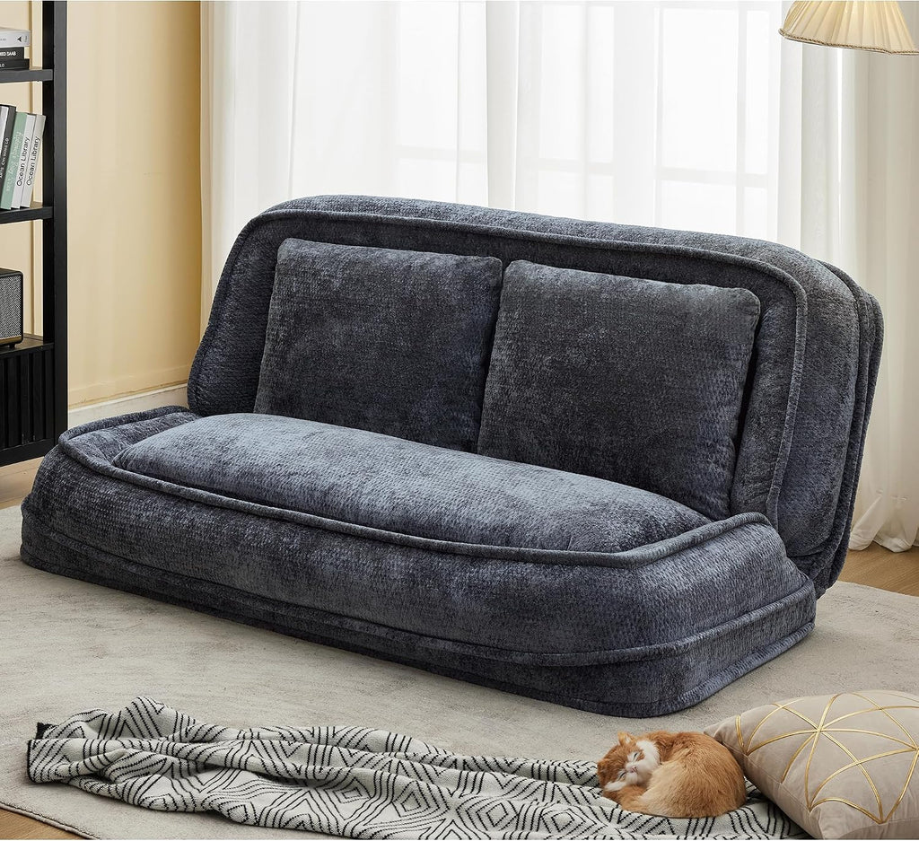 Floor Chair with Back Support, Human Dog Bed, Folding Loveseat with 5 Adjustable Position, 2 Pillows, Chenille Meditation Gaming Chair for Lazy Boys, Living Room, Lounge, Bedroom, Dark Grey