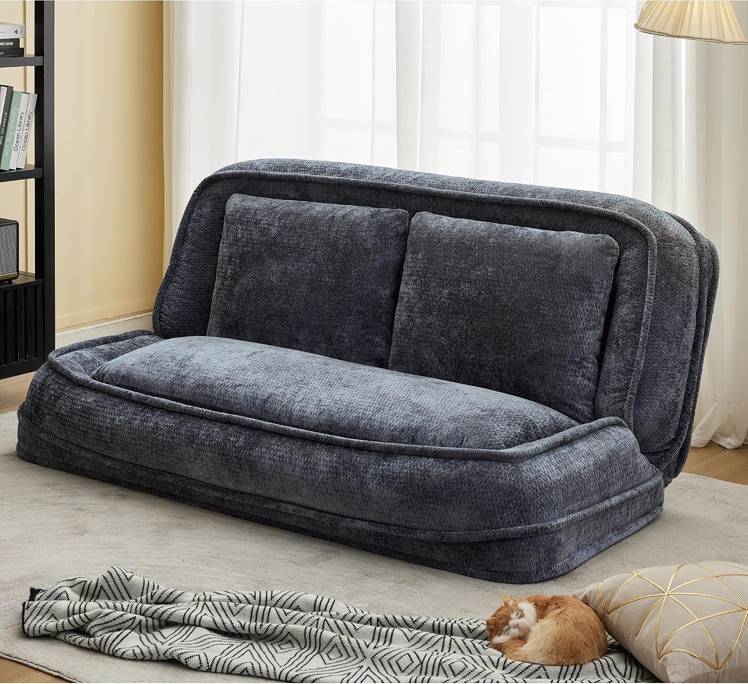 Floor Chair with Back Support, Human Dog Bed, Folding Loveseat with 5 Adjustable Position, 2 Pillows, Chenille Meditation Gaming Chair for Lazy Boys, Living Room, Lounge, Bedroom, Dark Grey
