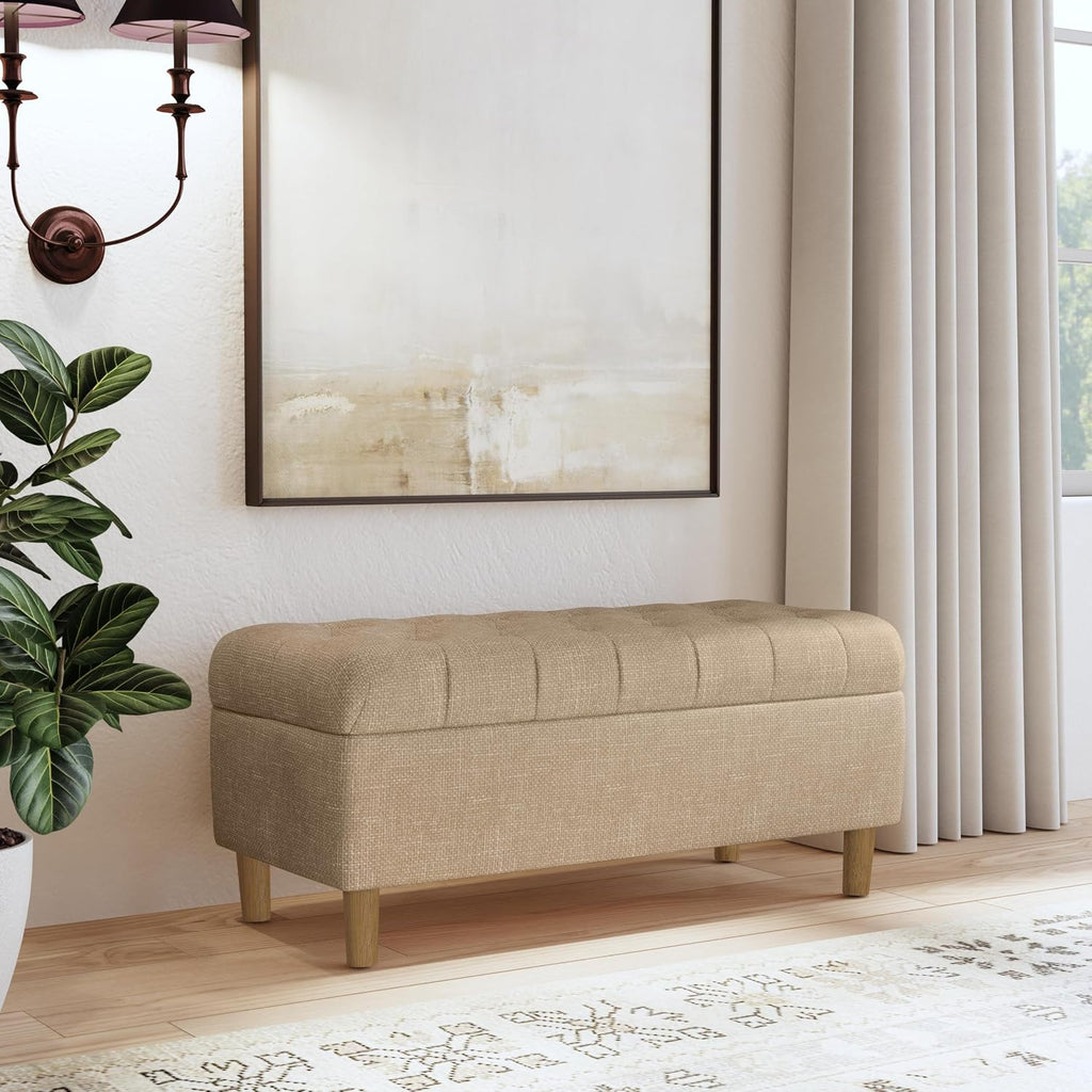 Homepop Home Decor | Tufted Ainsley Button Storage Ottoman Bench with Hinged Lid | Ottoman Bench with Storage for Living Room & Bedroom, Oatmeal Textured Fabric