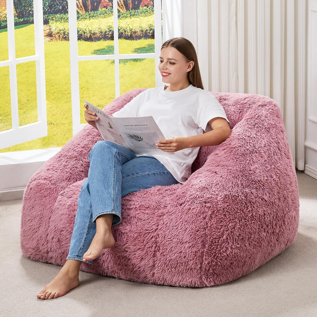 Hobestluk Giant Bean Bag Chair Memory Foam Filled Sofa Chair Bean Bag for Adults/Teens/Kids, Plush Fur Oversized Lazy Sofa for Living Room Bedroom Dorm(Pale Pink)