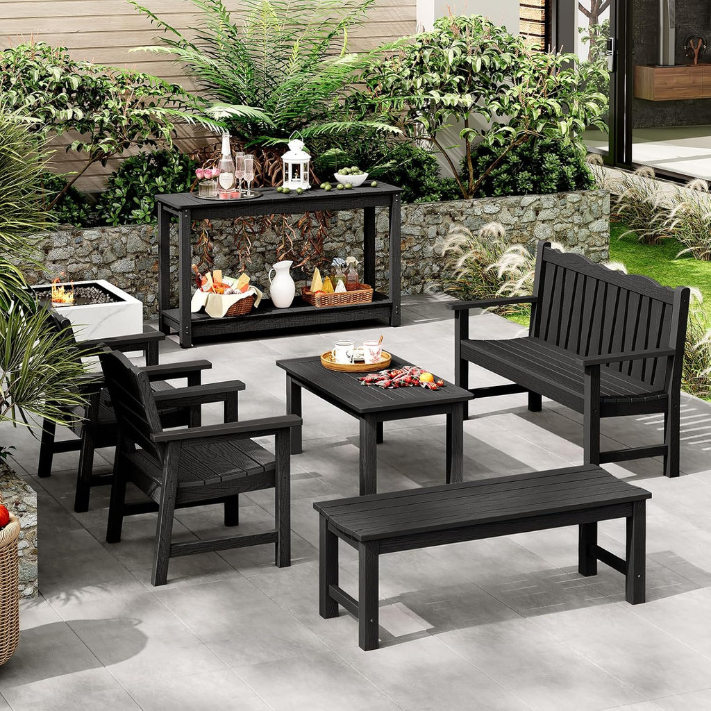 Outdoor Console Table, 48' Weather Resistant HIPS Patio Side Table, 440LBS Weight Capacity, 2-Tier Multifunctional Buffet Bar Storage Organizer for Garden Deck, Black