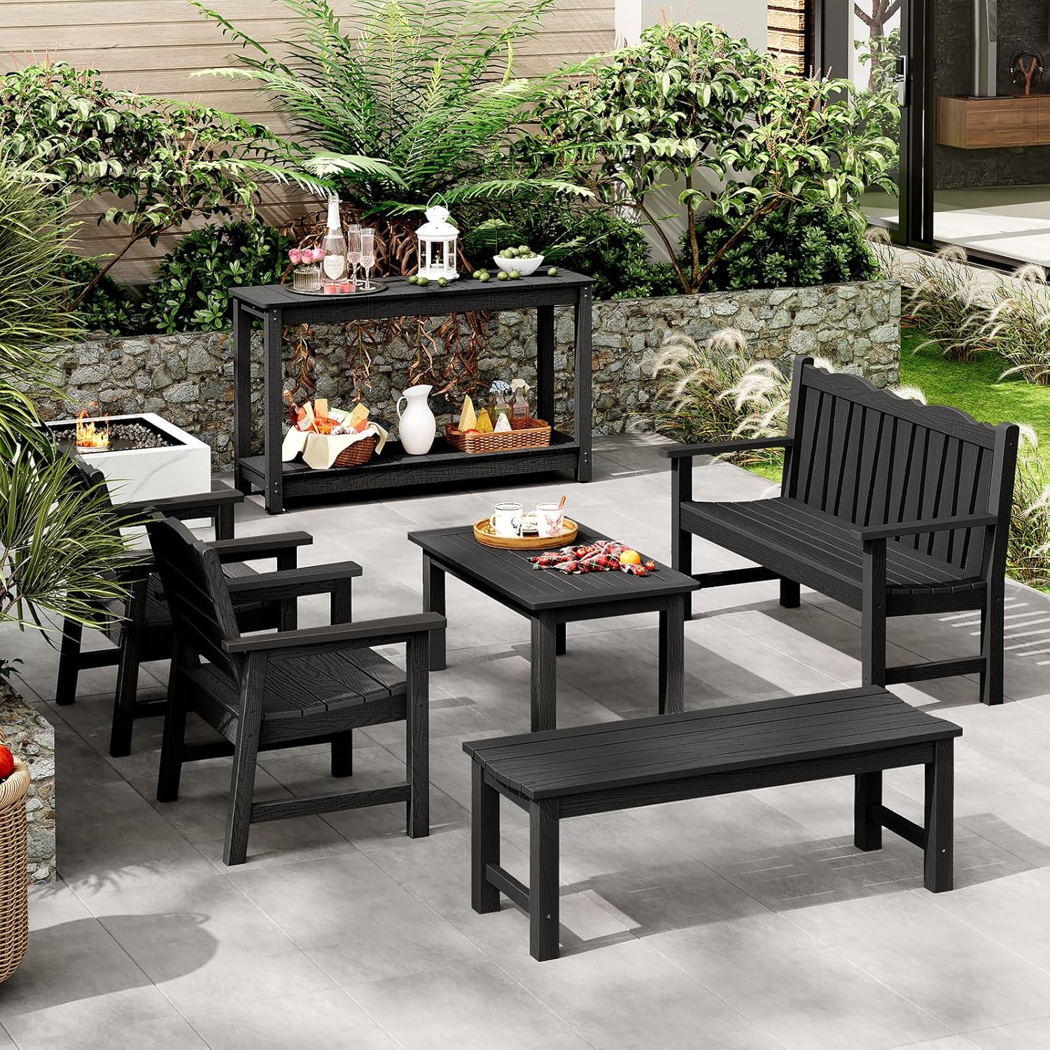 Outdoor Console Table, 48' Weather Resistant HIPS Patio Side Table, 440LBS Weight Capacity, 2-Tier Multifunctional Buffet Bar Storage Organizer for Garden Deck, Black