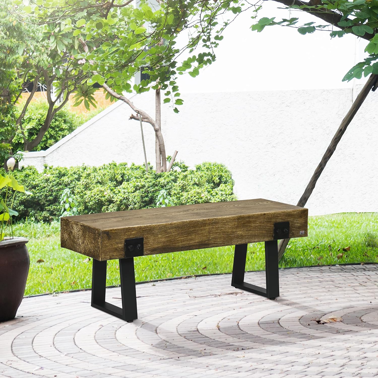 HOMCOM Garden Bench with Metal Legs, Rustic Wood Effect Concrete Entryway Bench, End of Bed Bench, Indoor Outdoor Use for Patio, Park, Porch and Lawn, Natural and Black