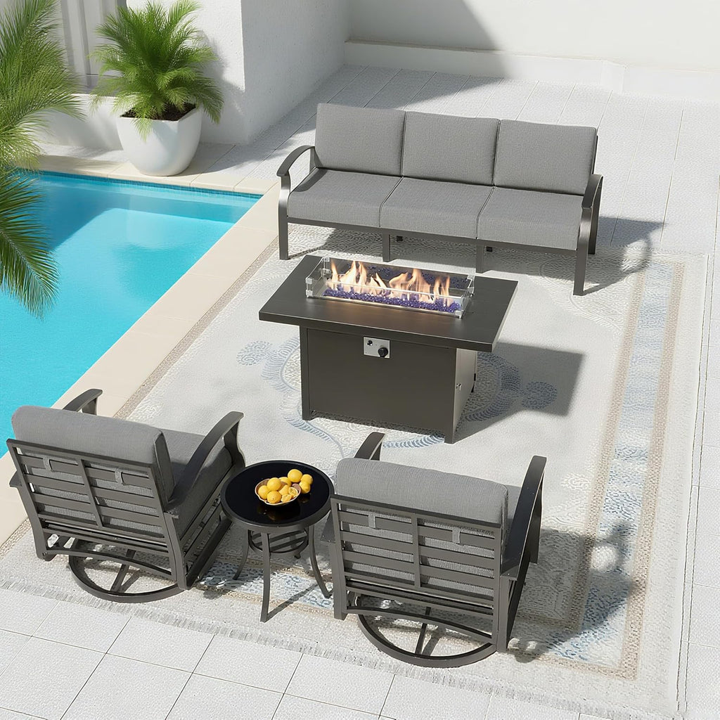 Aluminum Patio Furniture Set with 55,000 BTU Propane Fire Pit Table,5 Seats Metal Modern Outdoor Furniture w/5.1' Cushions,Patio Sectional w/Swivel Chairs for Backyard,Patio,Grey