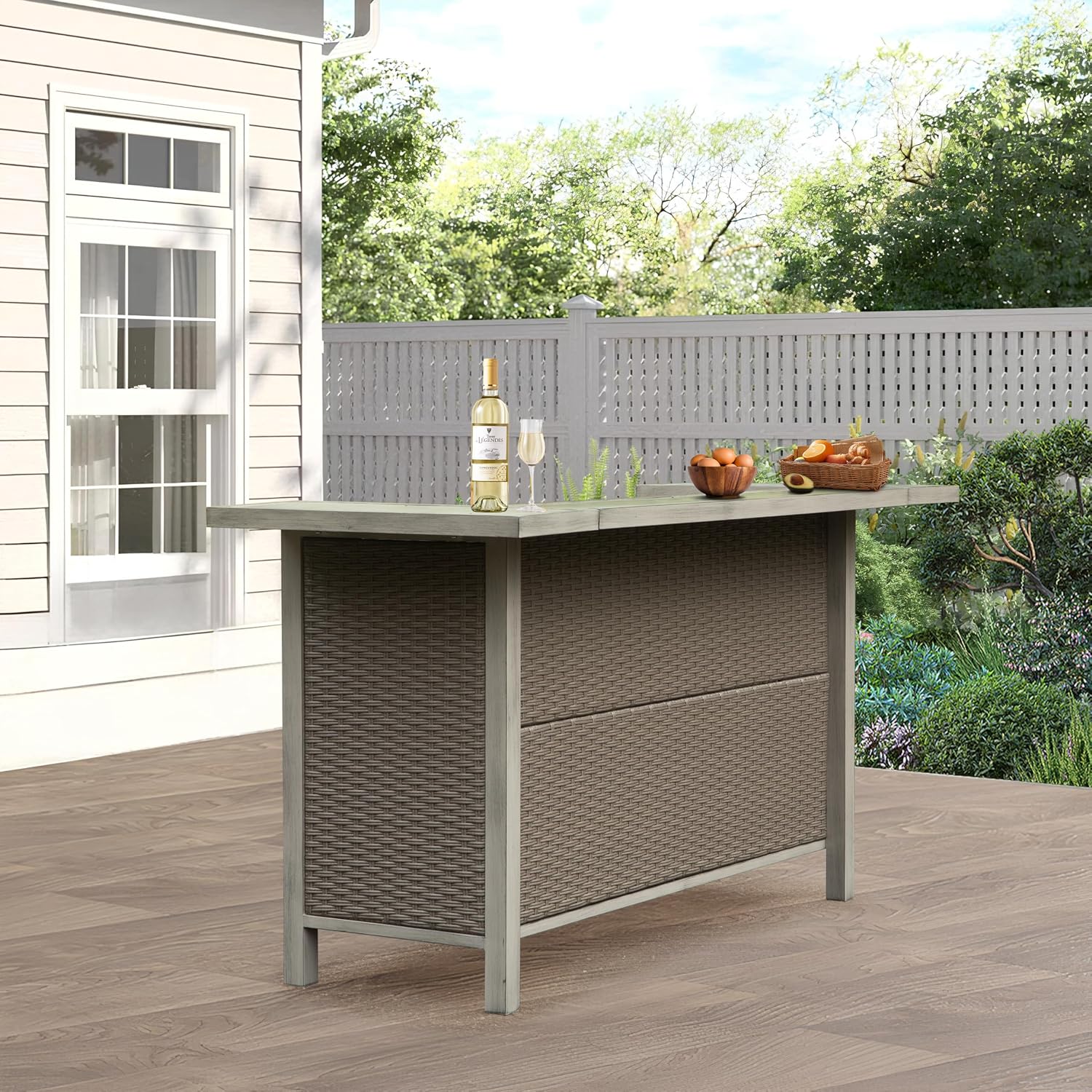 Domi Outdoor Kitchen Bar, Hand-Made Wicker Freestanding Island Home Bar Unit w/Storage Cabinets, Adjustable Shelves, Umbrella Hole, Premium Aluminum Frame, for Patio, Kitchen