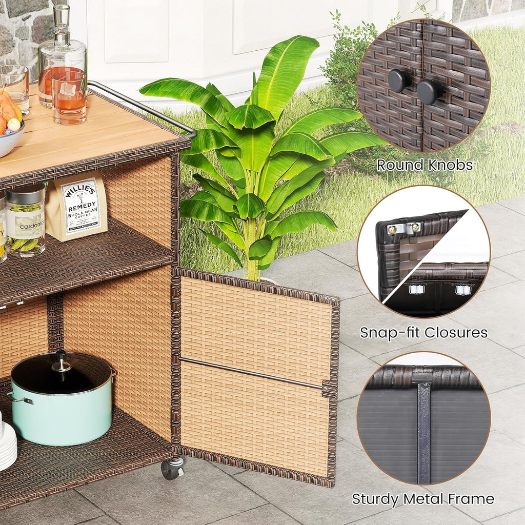 Tangkula Rattan Outdoor Storage Cabinet, Patiojoy PE Wicker Outdoor Cabinet with Acacia Wood Countertop, Open Compartment, Storage Shelf, Outdoor Bar with 4 Wheels for Garden Backyard Deck