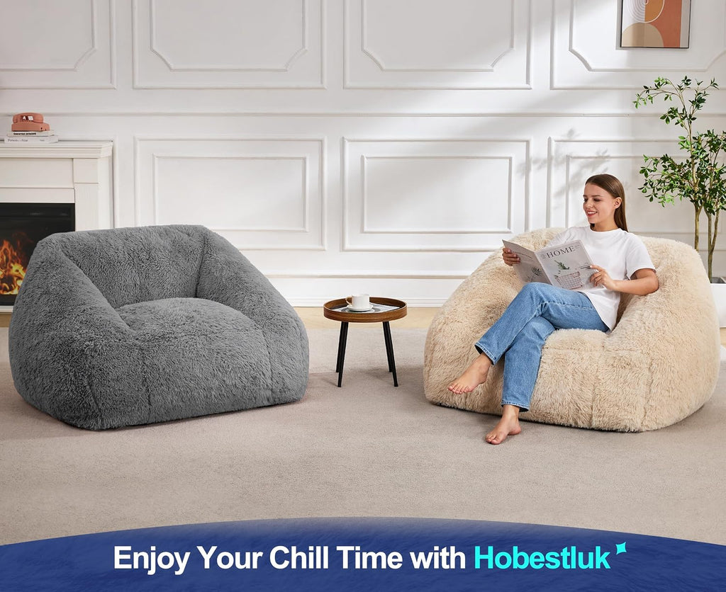 Hobestluk Giant Bean Bag Chair Memory Foam Filled Sofa Chair Bean Bag for Adults/Teens/Kids, Plush Fur Oversized Lazy Sofa for Living Room Bedroom Dorm(Light Grey)