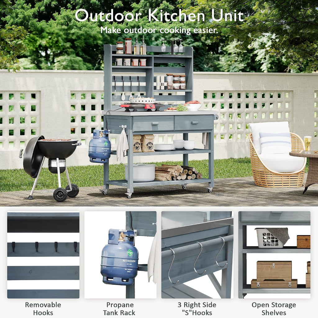 H Outdoor Potting Bench Table with Lockable Wheels, Solid Wood Outdoor Kitchen Island with Upper Hutch, Stainless Steel Top, Storage for Grilling, Lawn & Garden (Grey+Blue/F, 64.9')